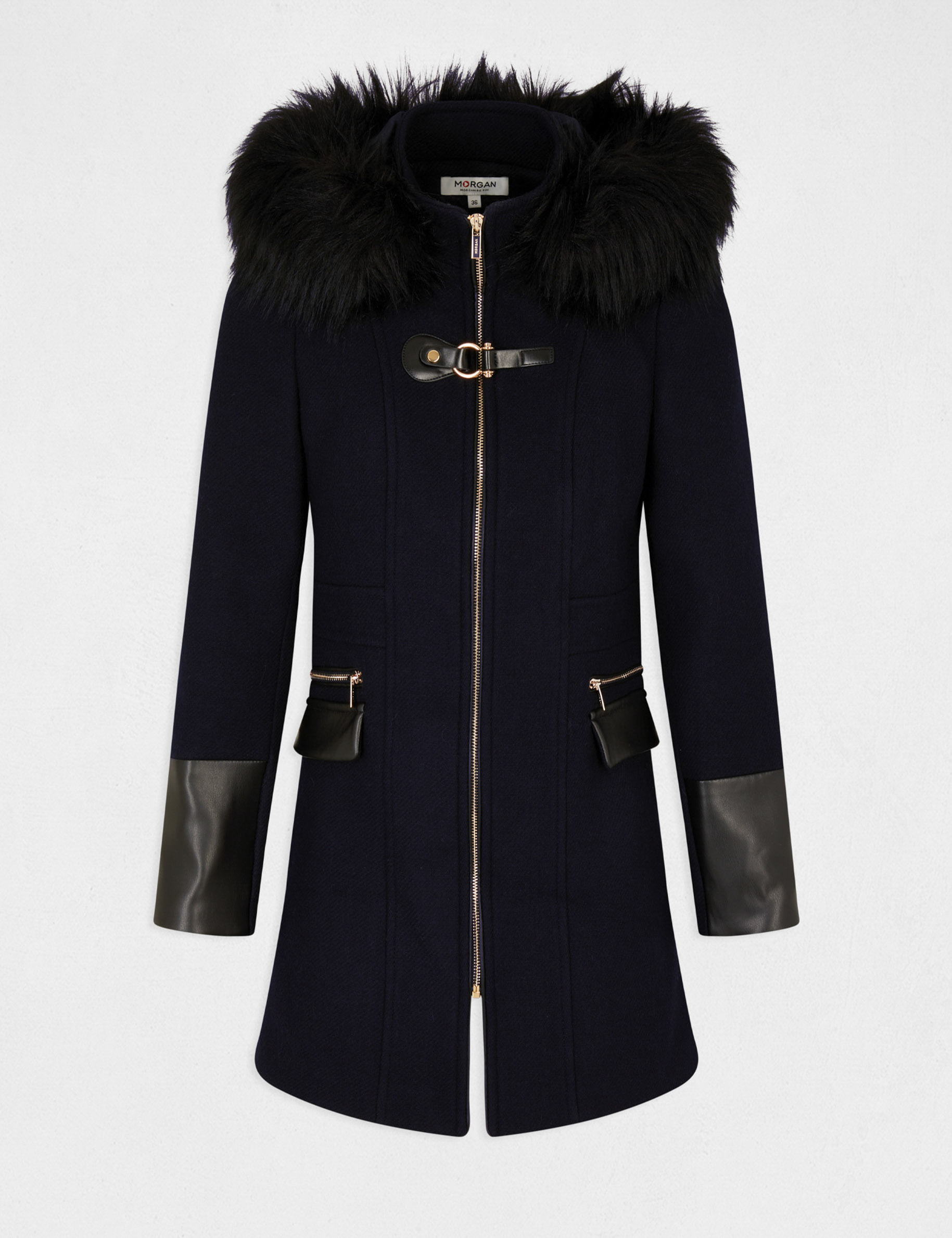 Manteau droit zippé à capuche marine femme