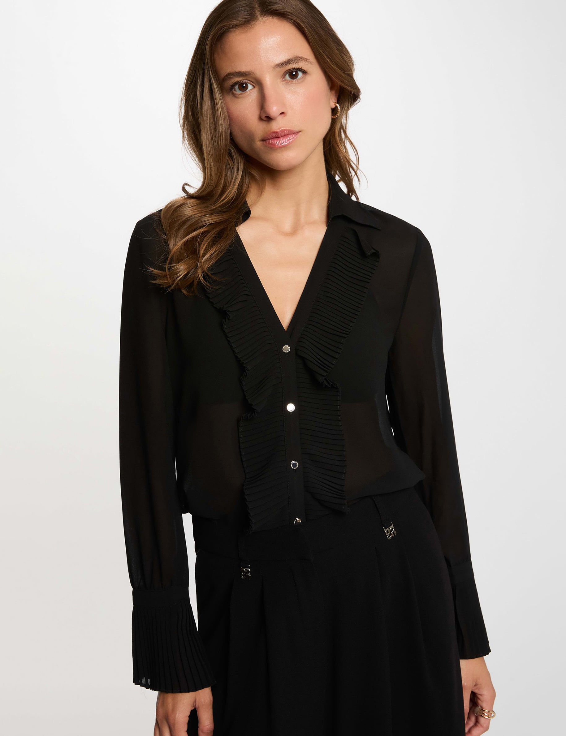 Voile blouse met reverskraag zwart vrouw
