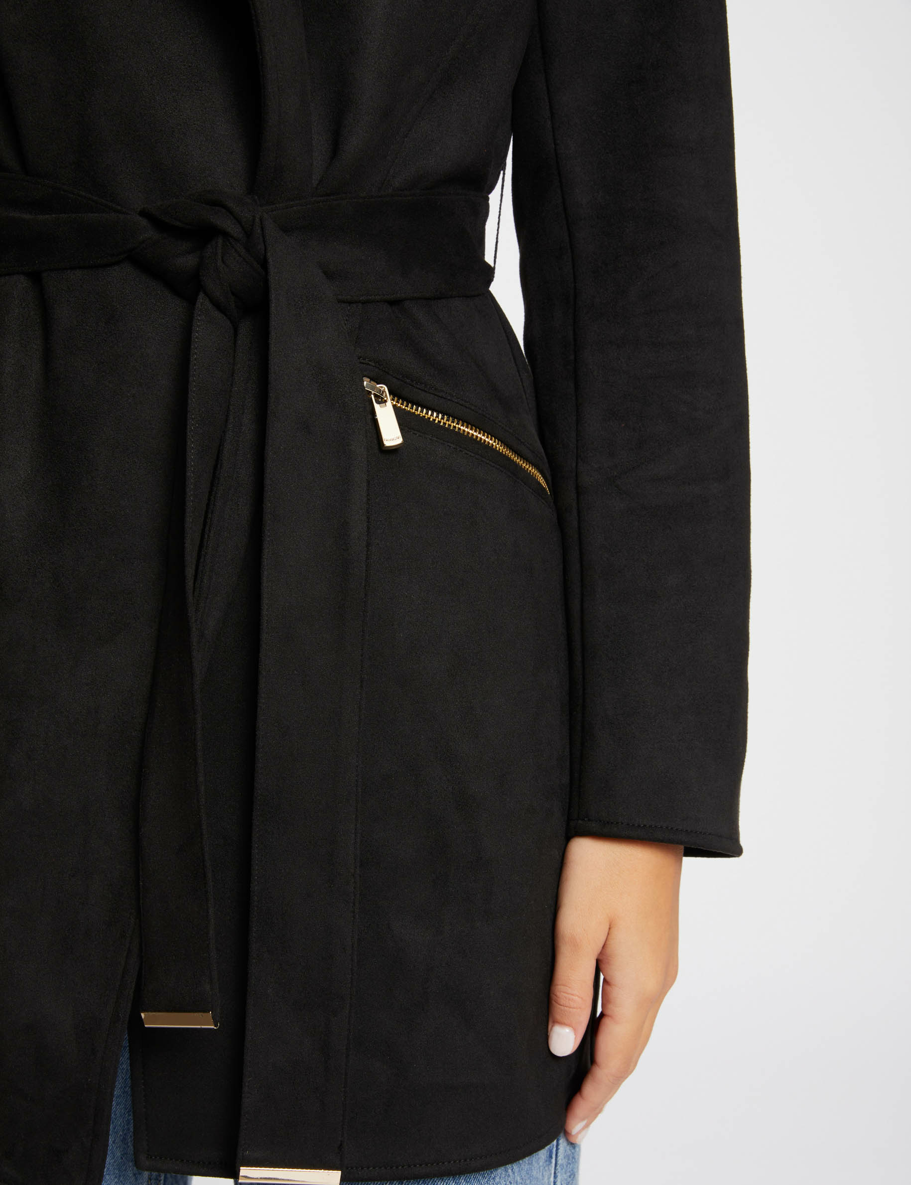 suede lange jas met riem zwart vrouw Suède lange jas met riem zwart vrouw