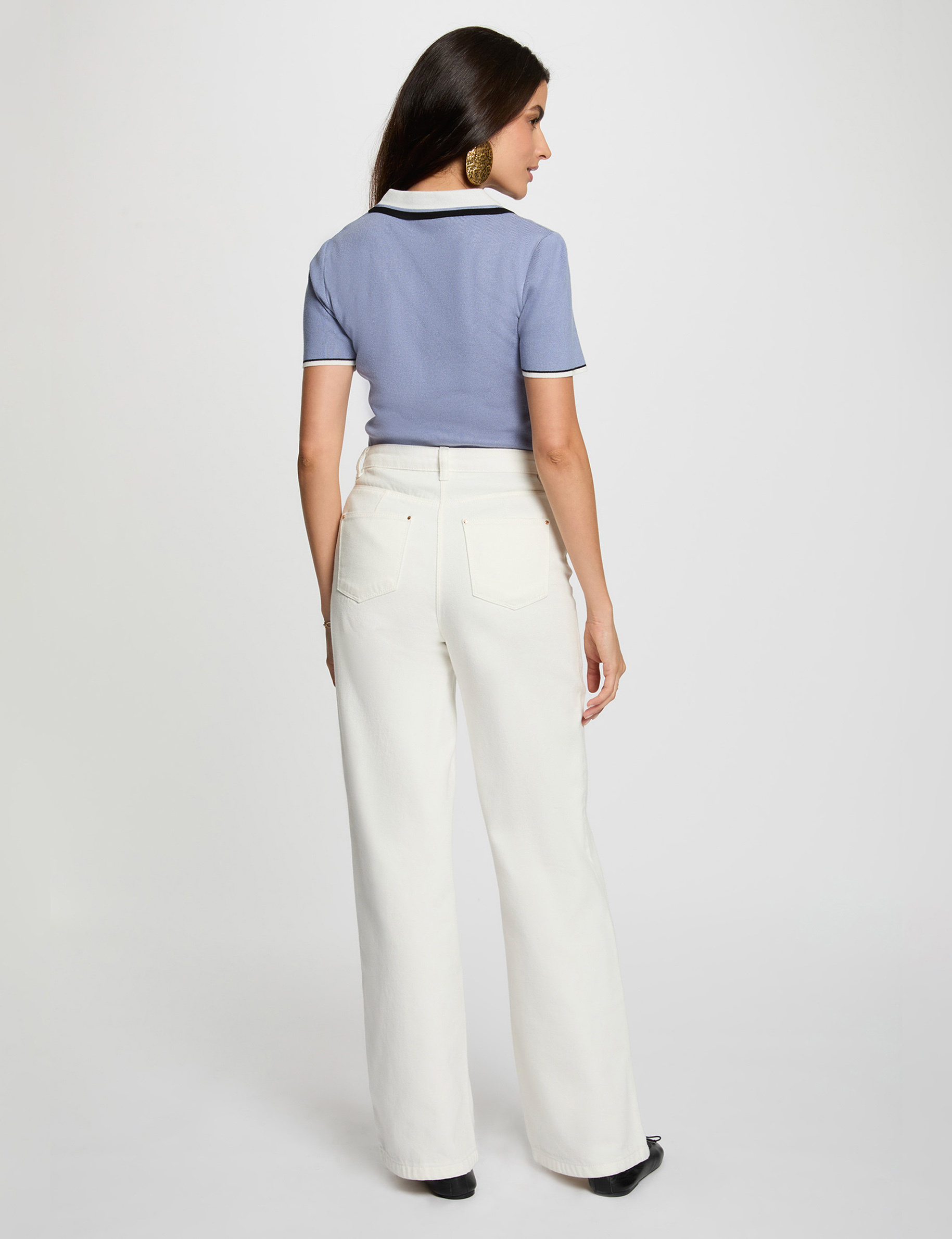 Pull col polo manches courtes bleu femme