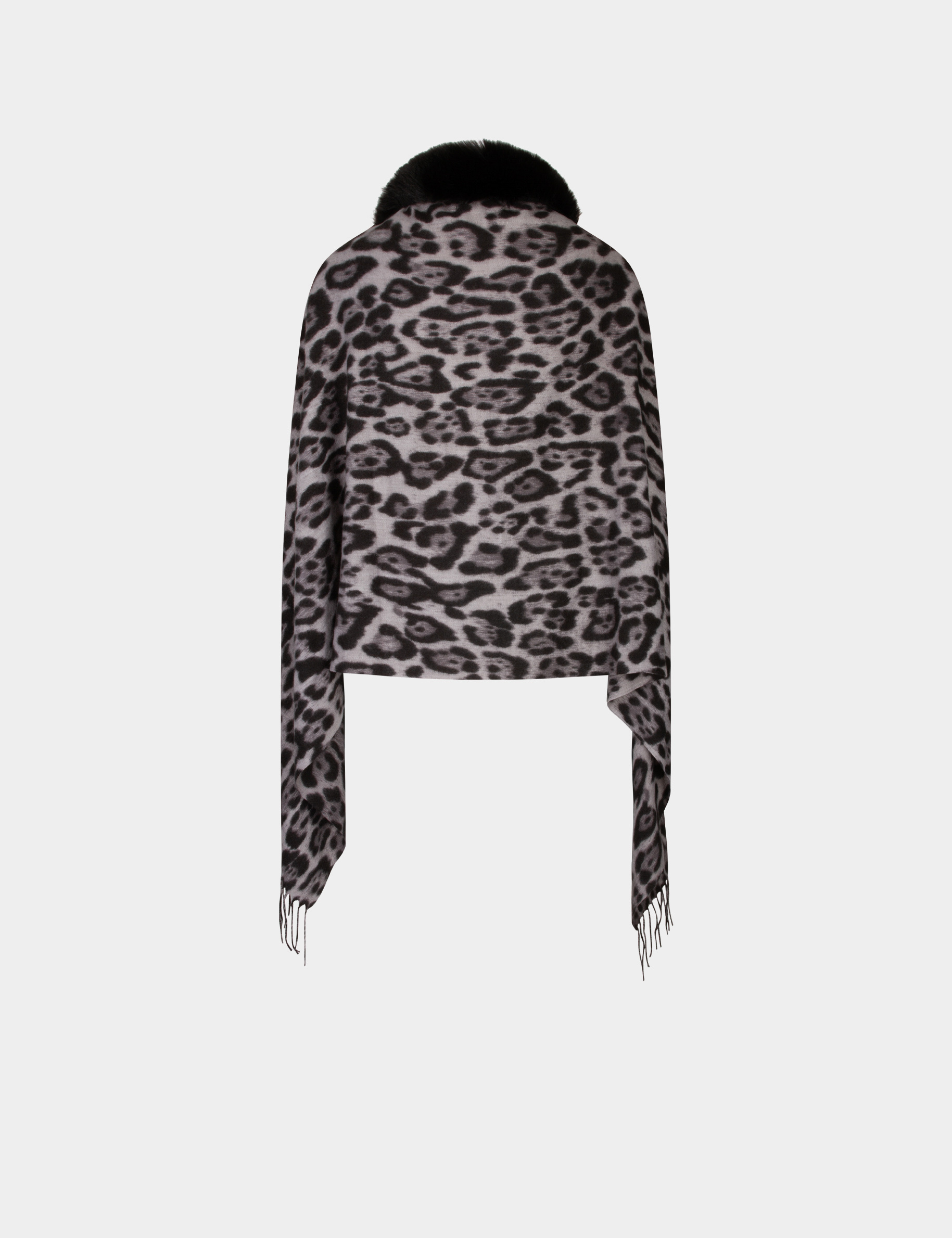 Poncho met franjes en luipaardprint mediumgrijs vrouw