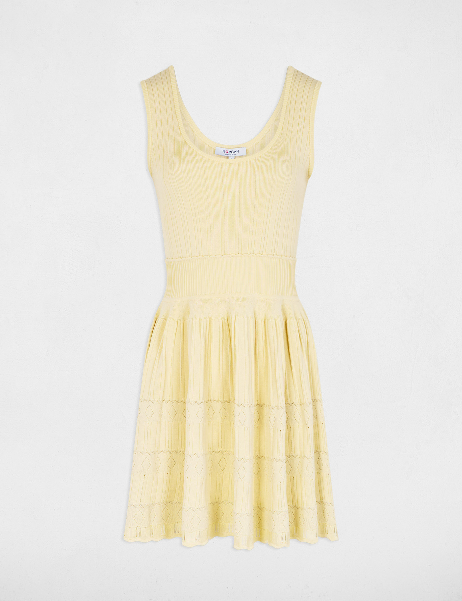 Robe tricot courte col v jaune pastel femme