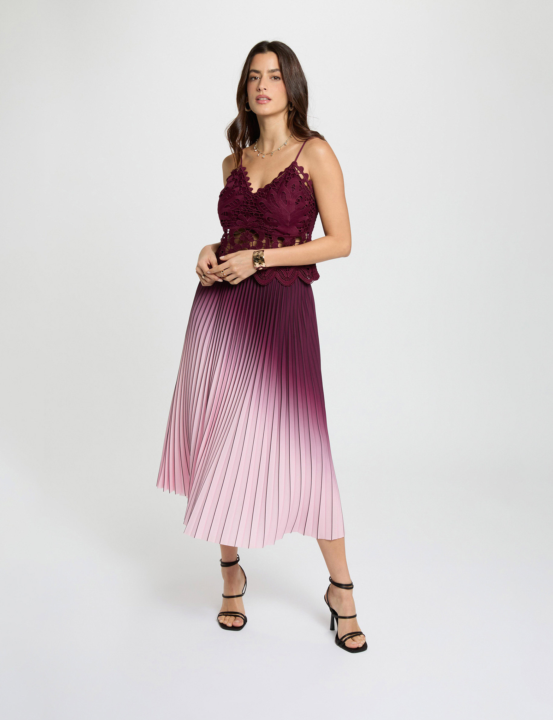 Jupe longue pliss&eacute;e prune femme