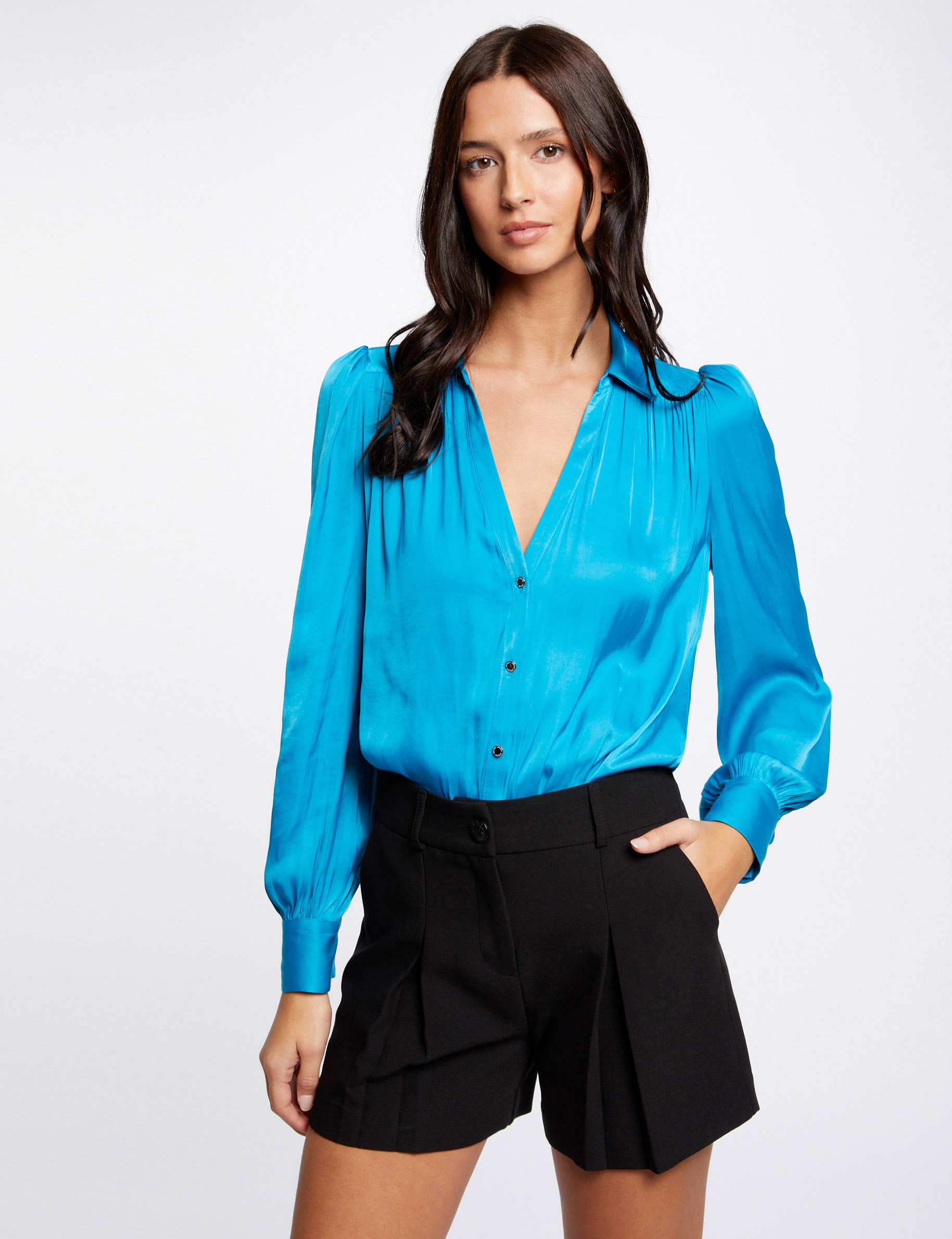 Chemise manches longues satin bleu femme