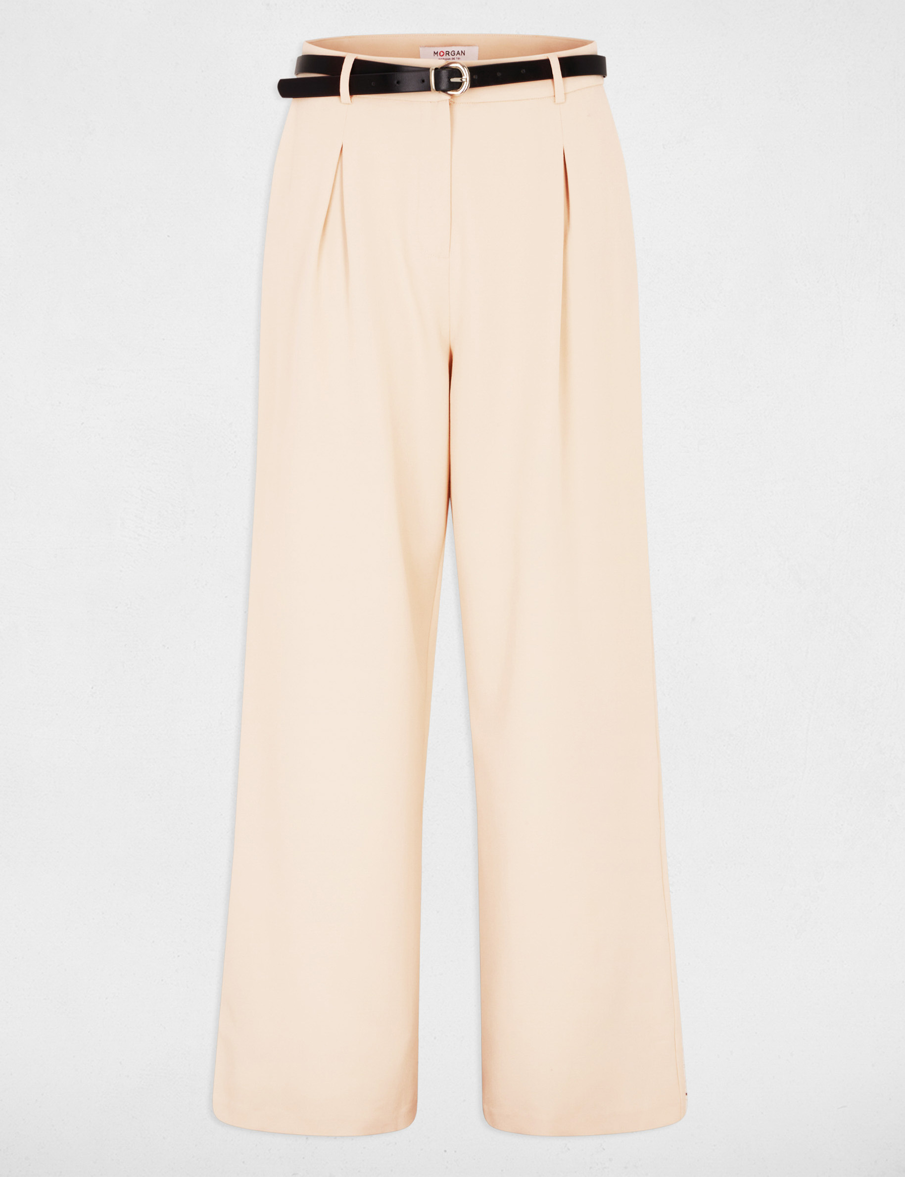 Pantalon large taille haute beige femme