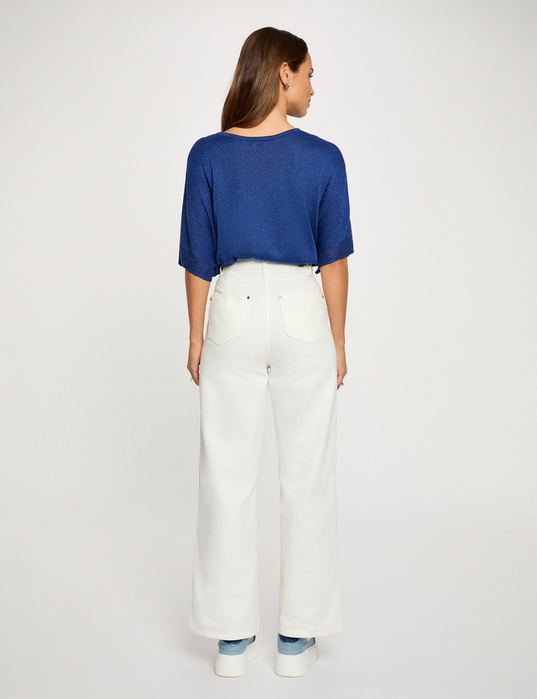 Pull col en V manches courtes bleu marine femme