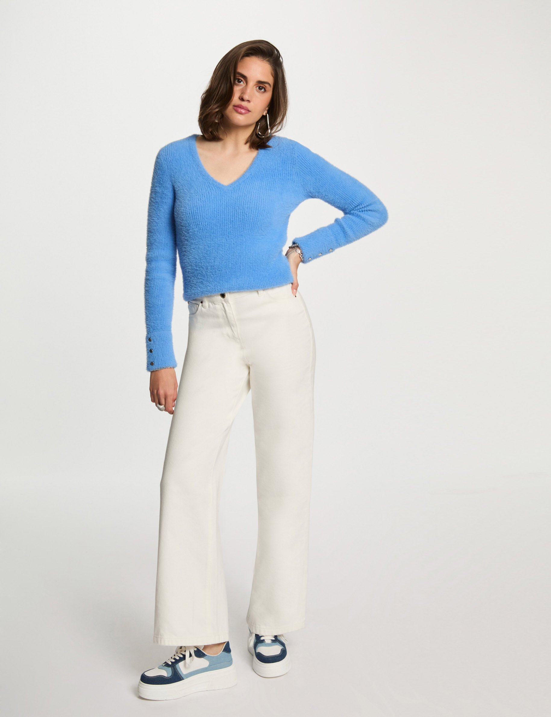 Pull manches longues maille duveteuse bleu femme