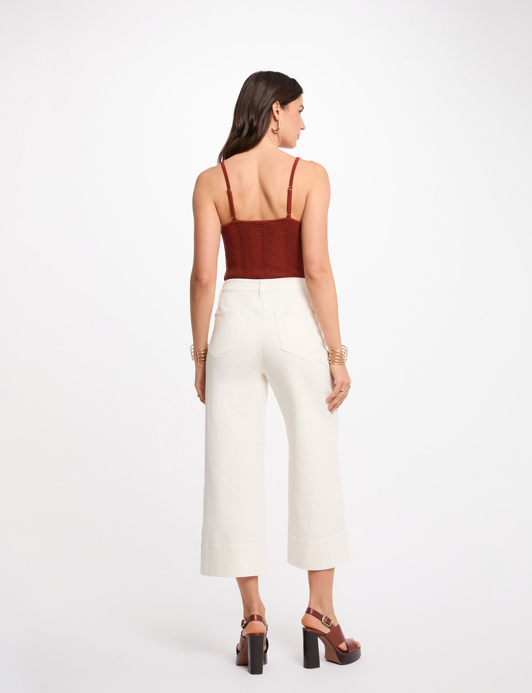 Gebreide top met fijne bandjes cognacbruin vrouw