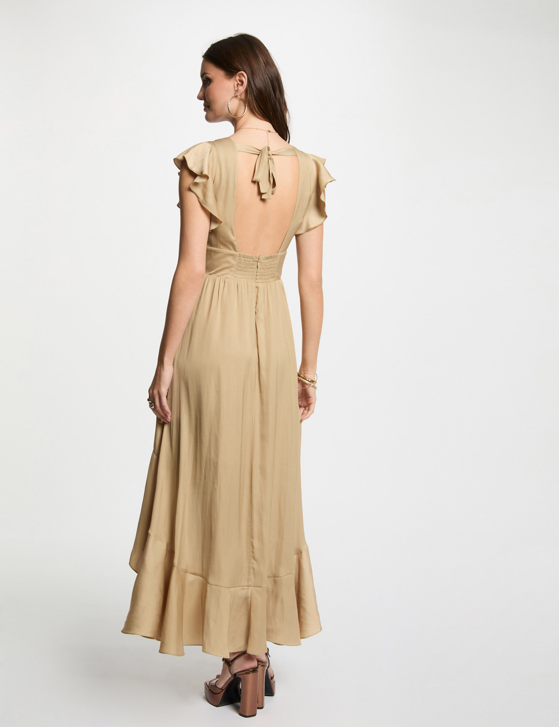 lange rechte jurk met satijnlook beige vrouw Lange rechte jurk met satijnlook beige vrouw