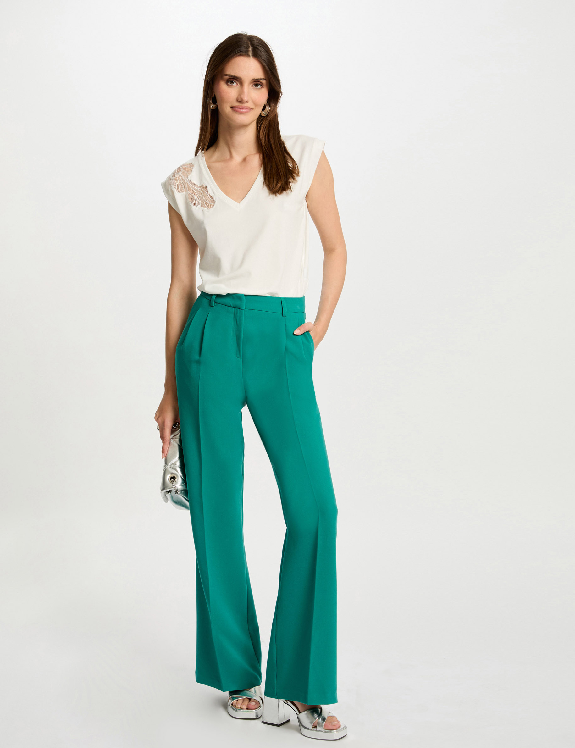 broek met plooien en wijde pijpen medium groen vrouw Broek met plooien en wijde pijpen medium groen vrouw