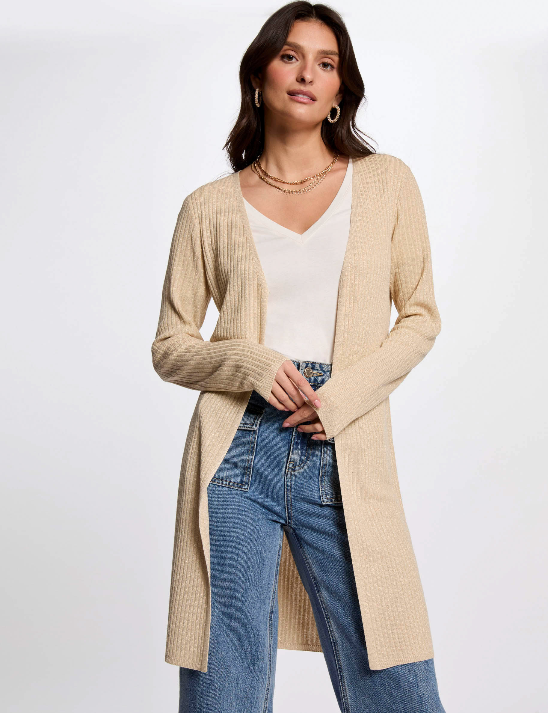 lang vest met v hals goudgeel vrouw Lang vest met V-hals goudgeel vrouw