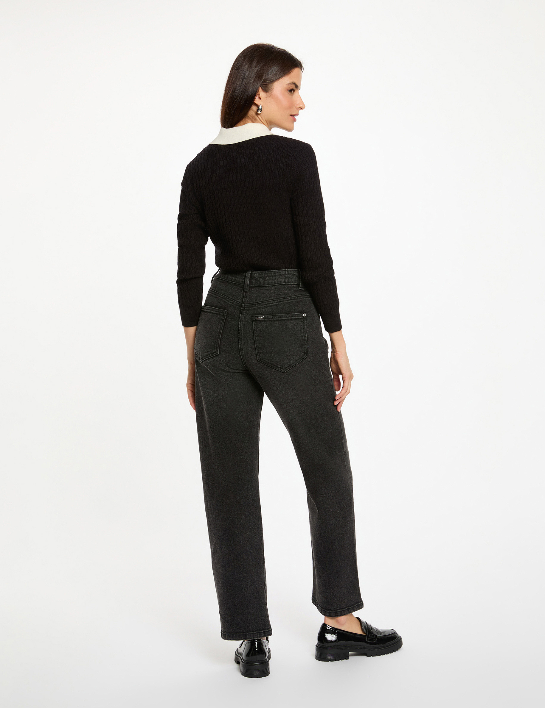 Pull ajusté col chemise noir femme