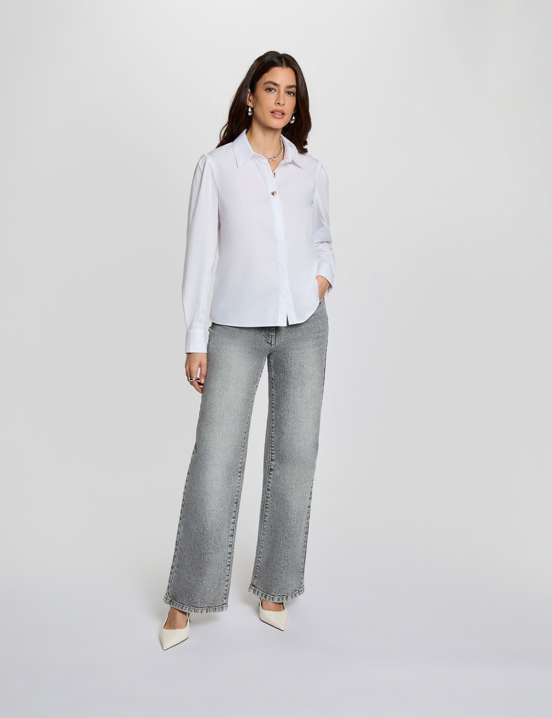 Chemise droite col &agrave; revers blanc femme