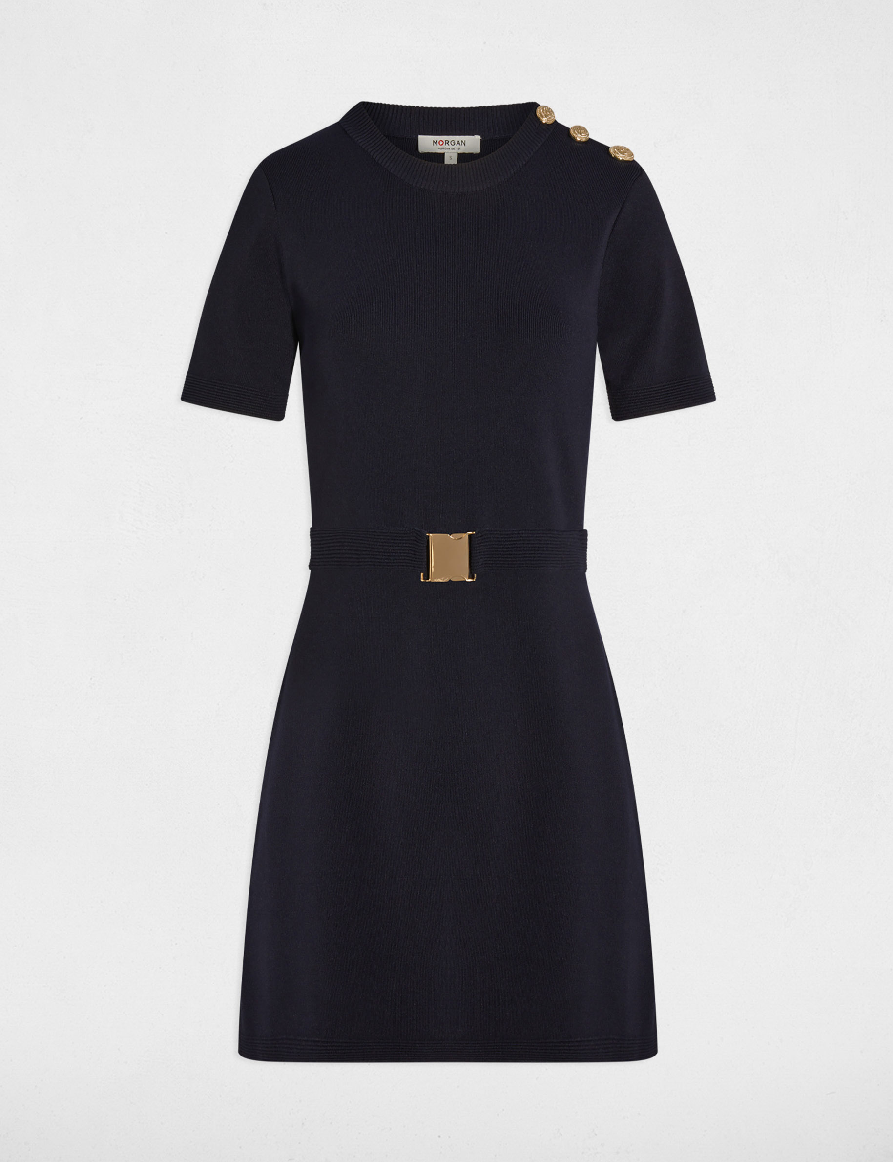 Robe tricot cintr&eacute;e bleu marine femme