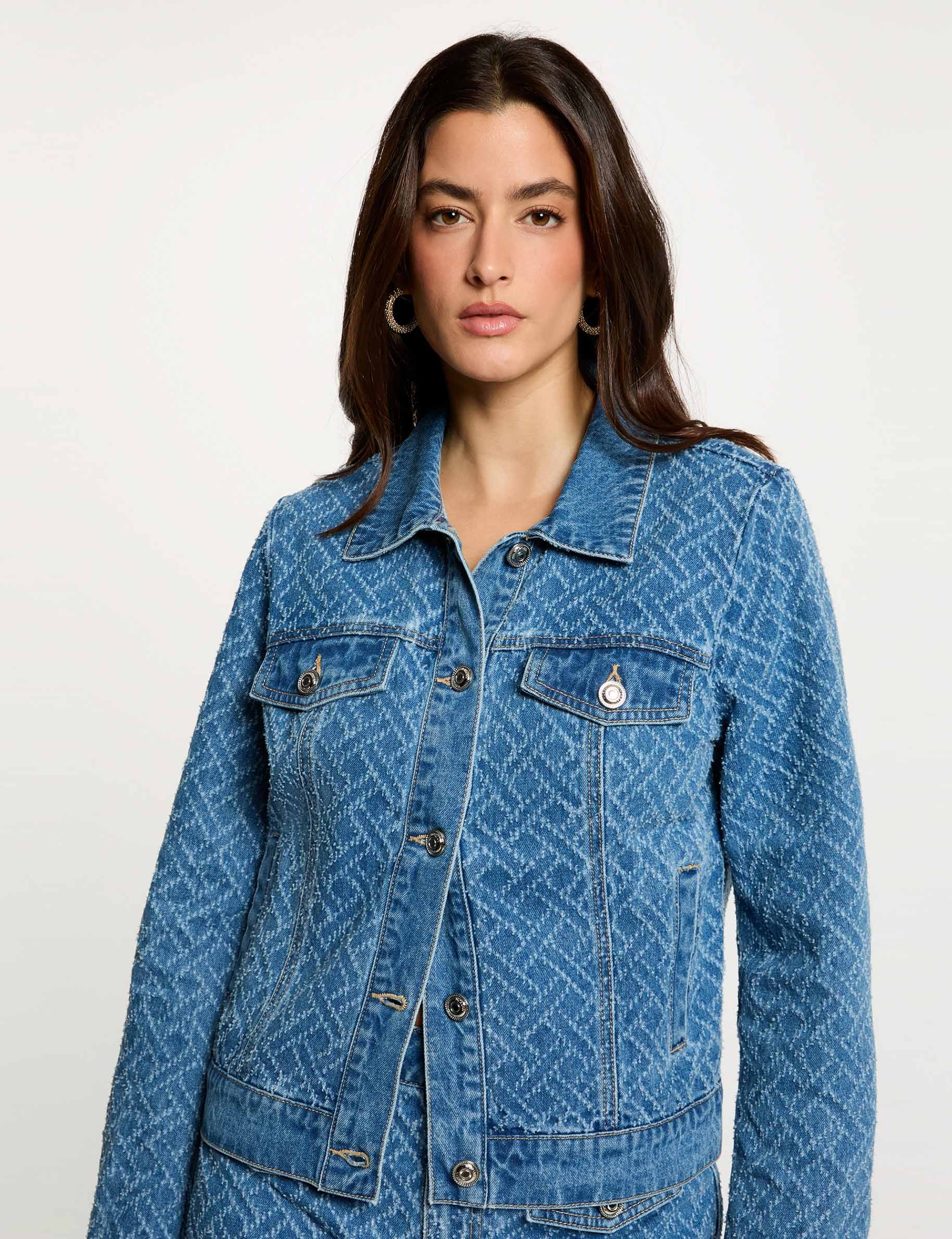 Jacquard chevron jas stone washed denim vrouw