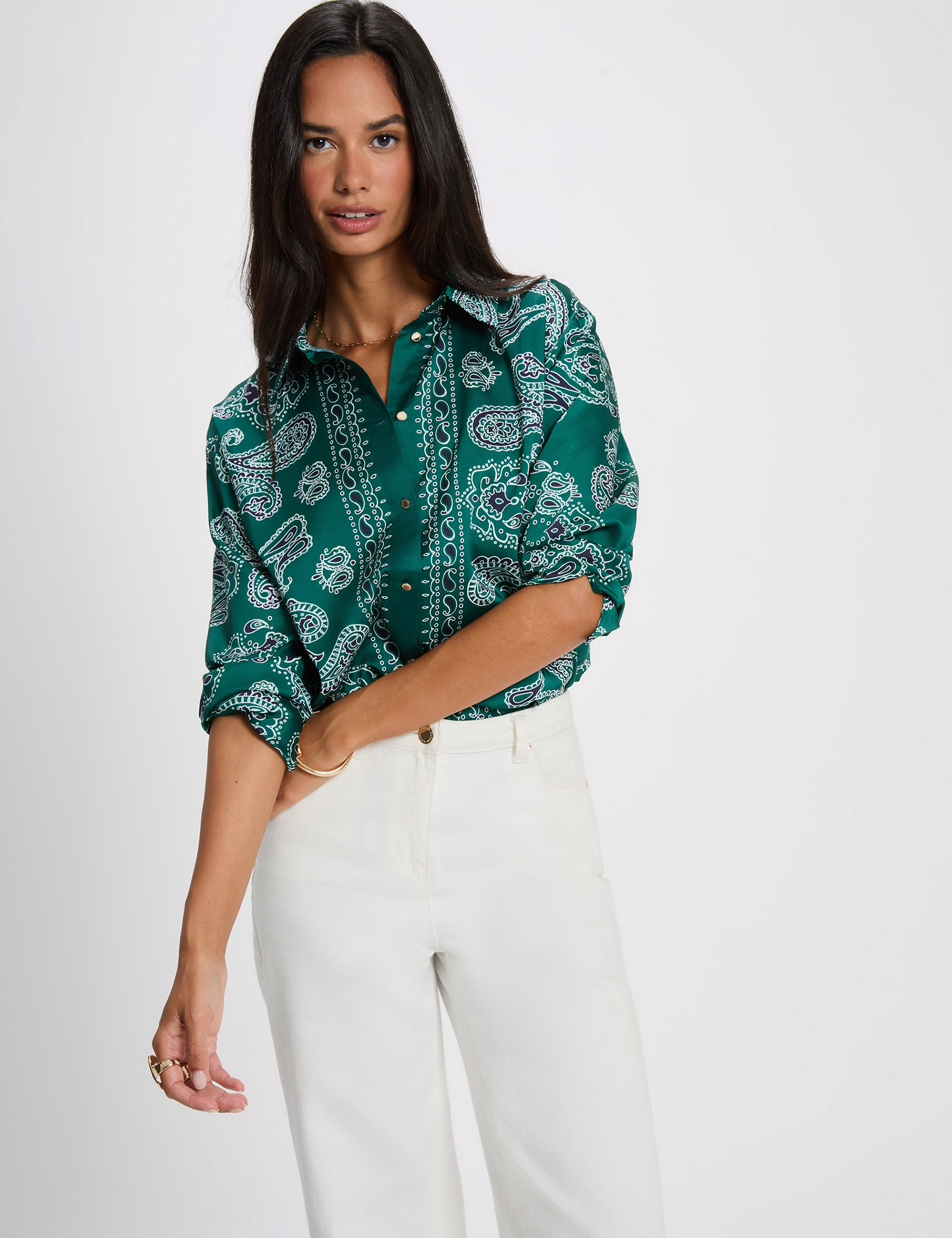 Chemise satin&eacute;e col &agrave; revers multicolore femme
