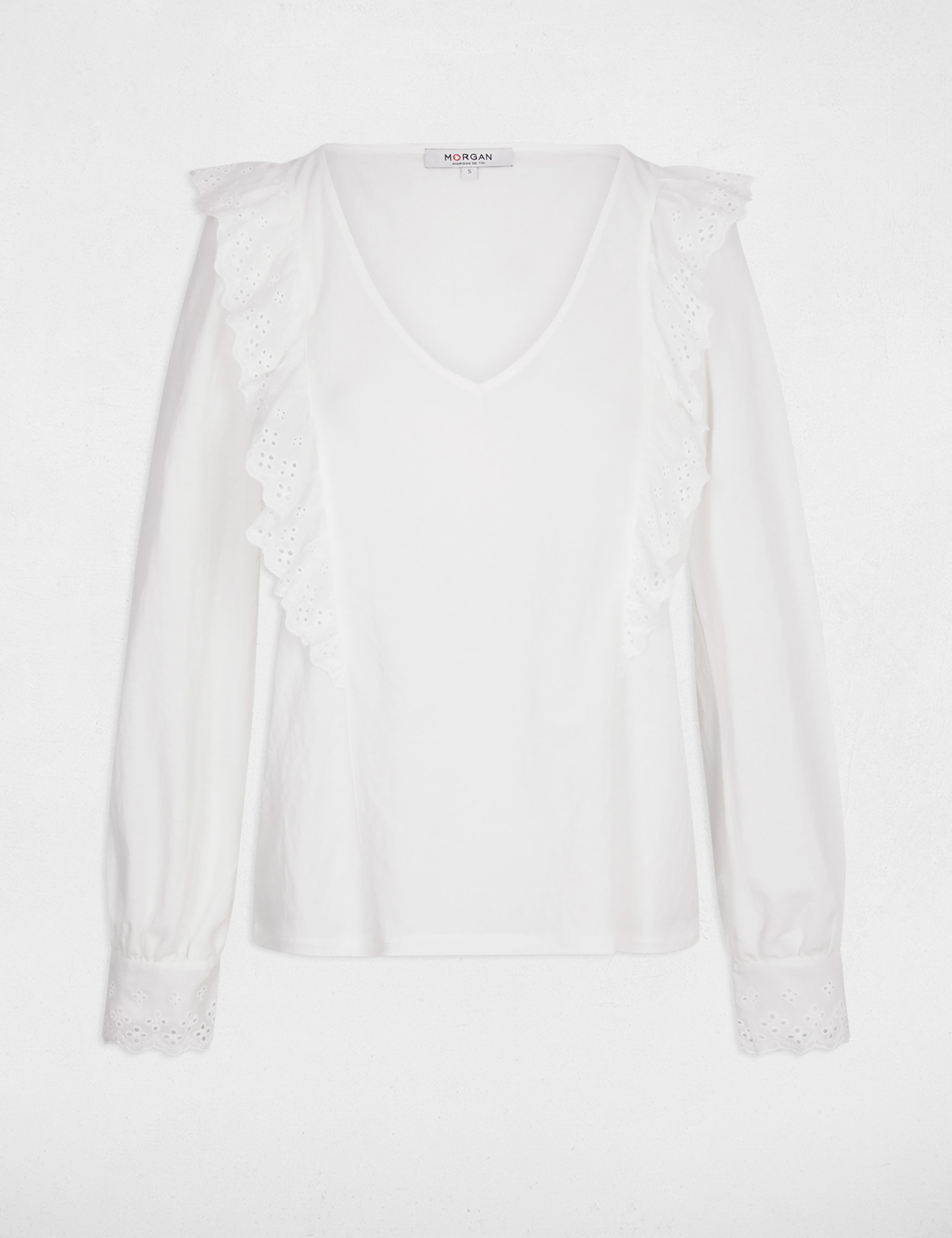 T-shirt brod&eacute; col v blanc femme