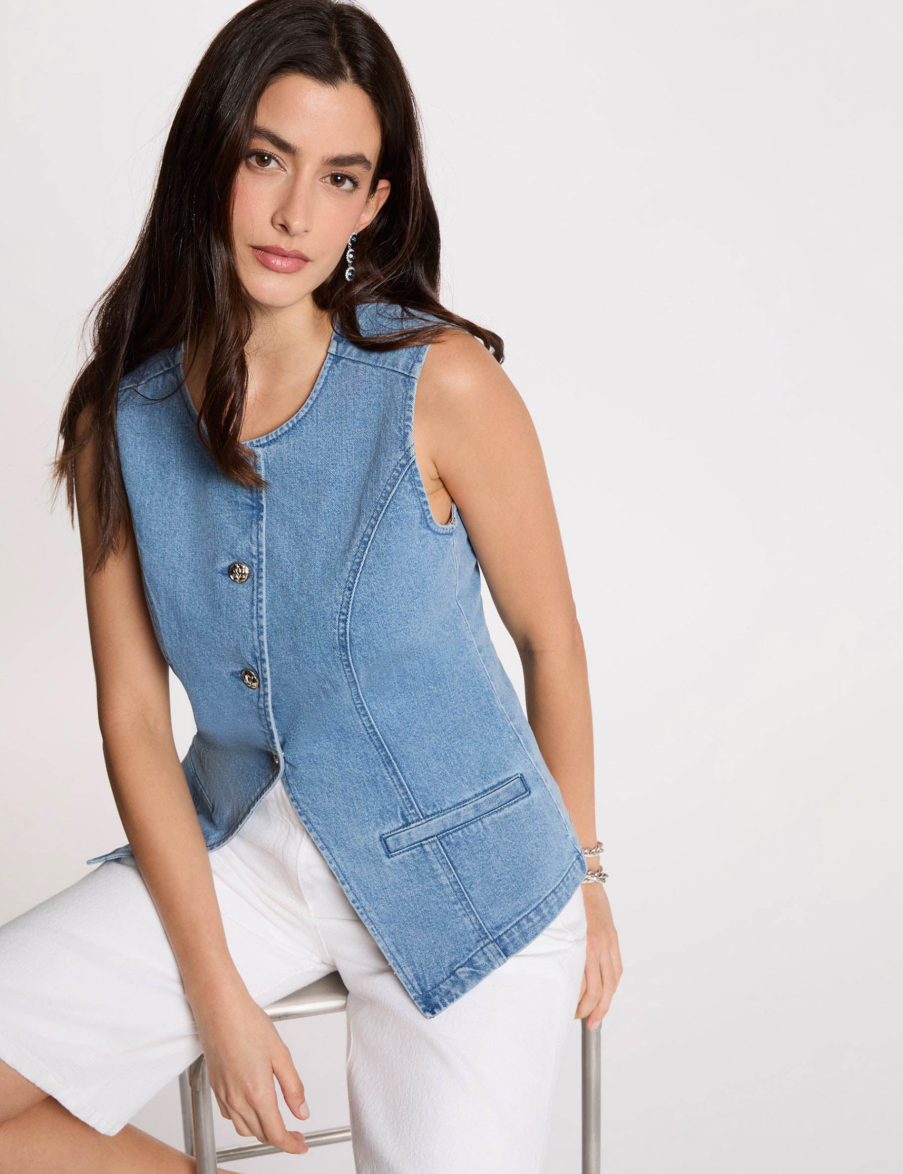 Mouwloos spijkerjack dubbel stone washed denim vrouw