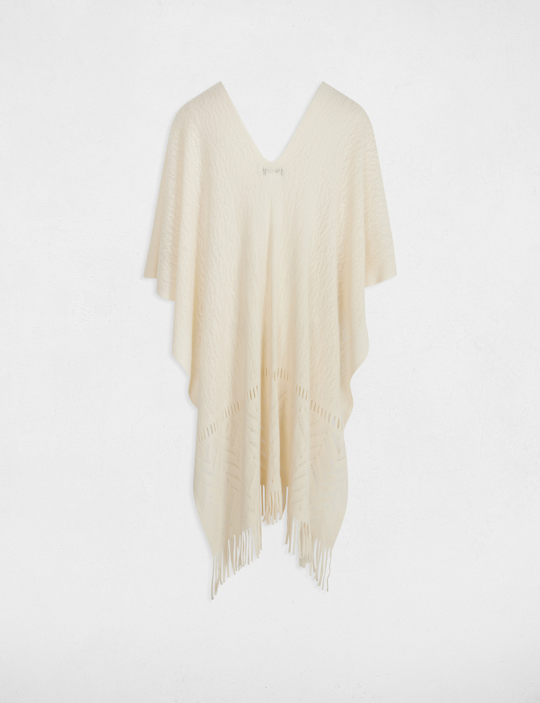 Cape tricot à franges ivoire femme