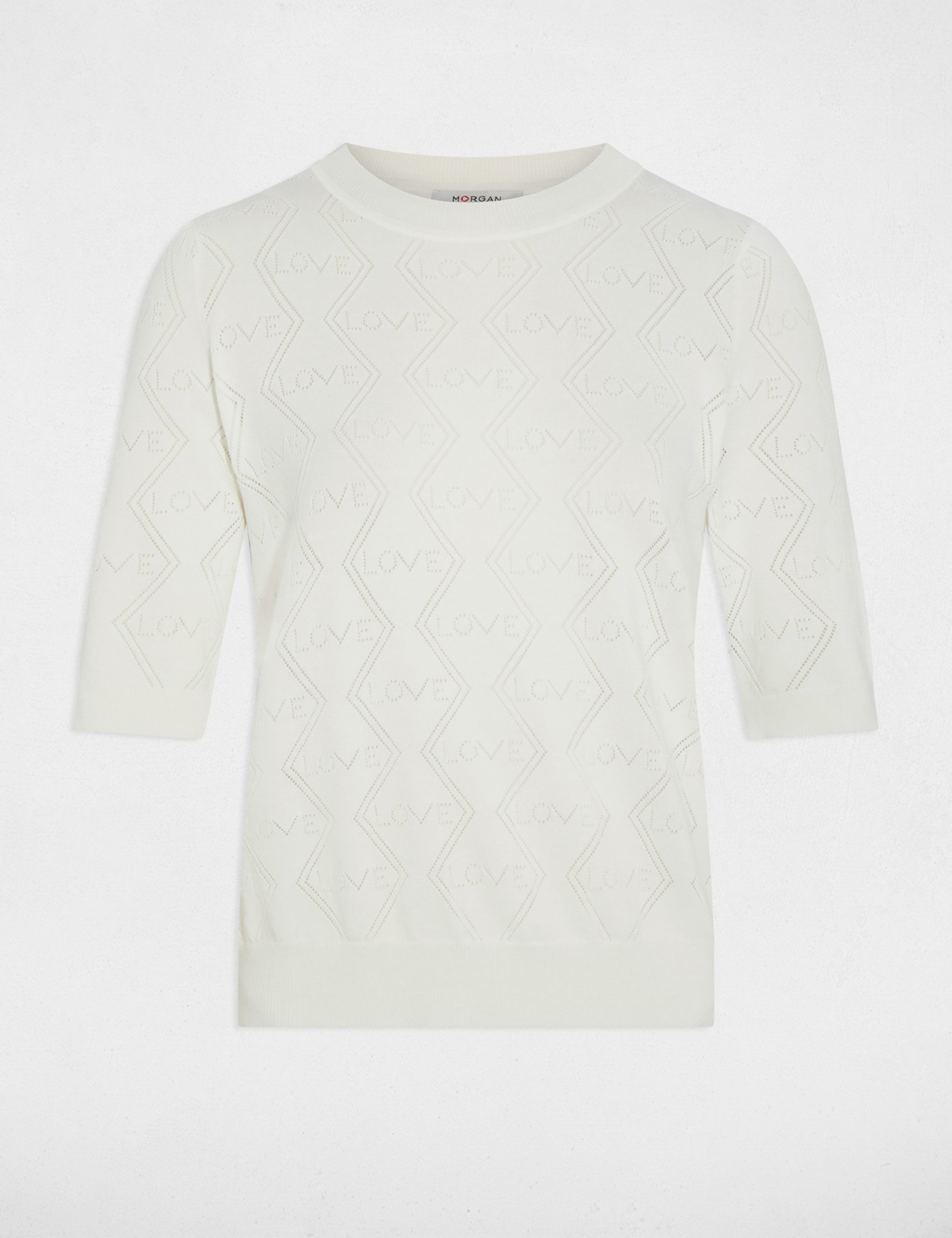 Ajoureerde trui met 3/4-mouwen helder wit vrouw