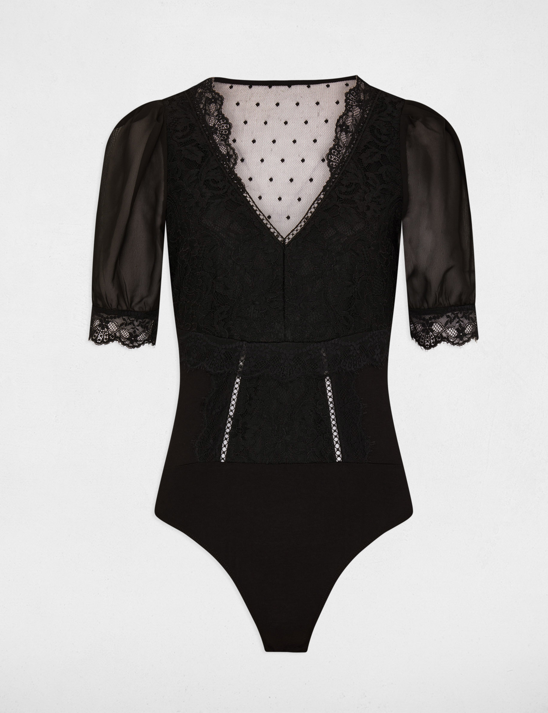 Bodysuit met 3/4 mouwen en kant zwart vrouw