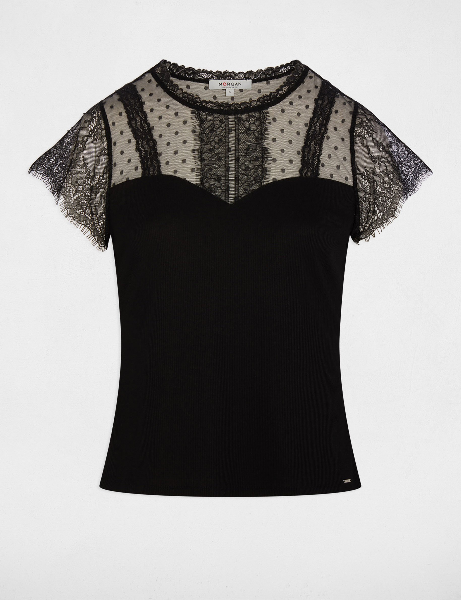 Getailleerd kanten T-shirt zwart vrouw