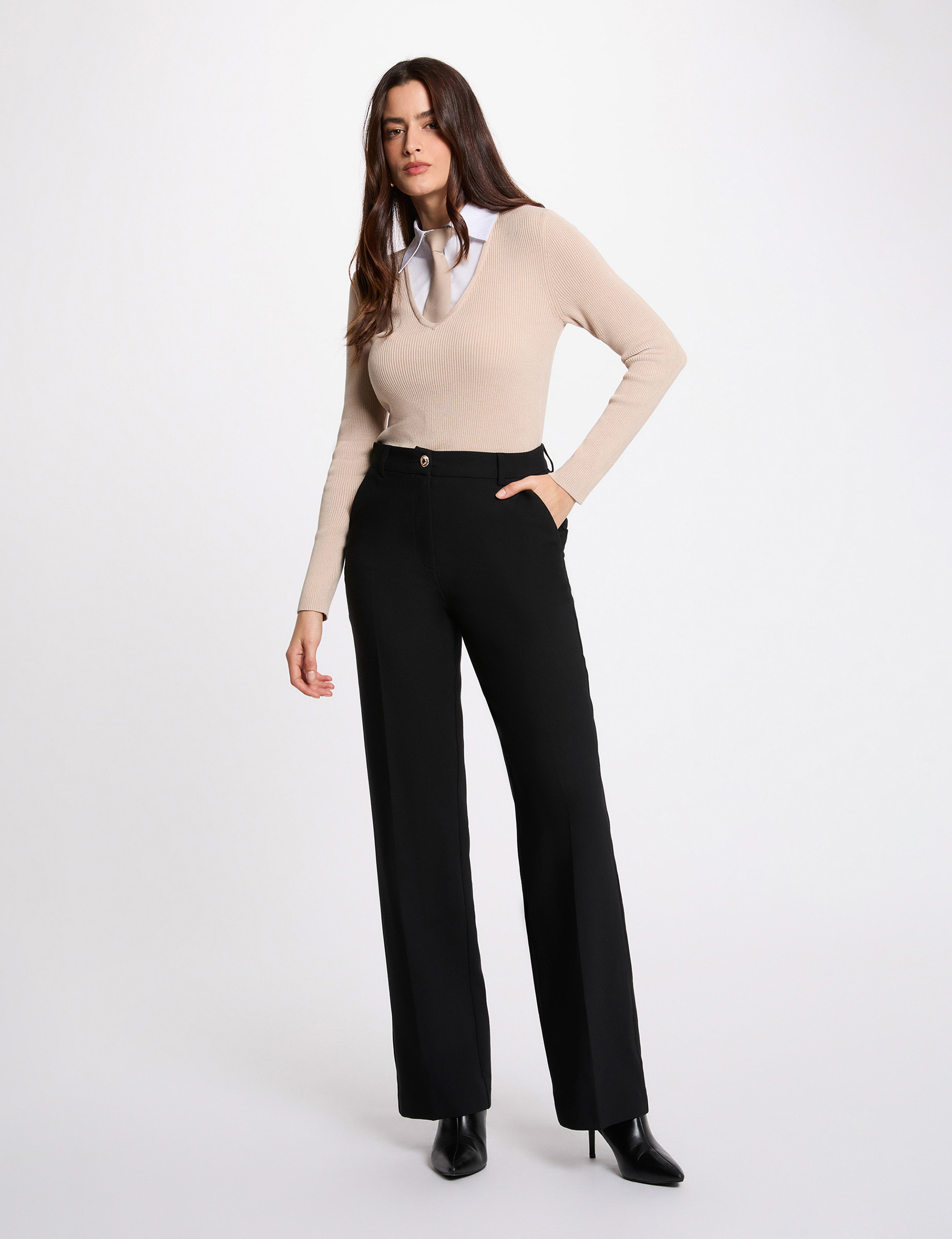 2-in-1 trui met omgeslagen kraag beige vrouw