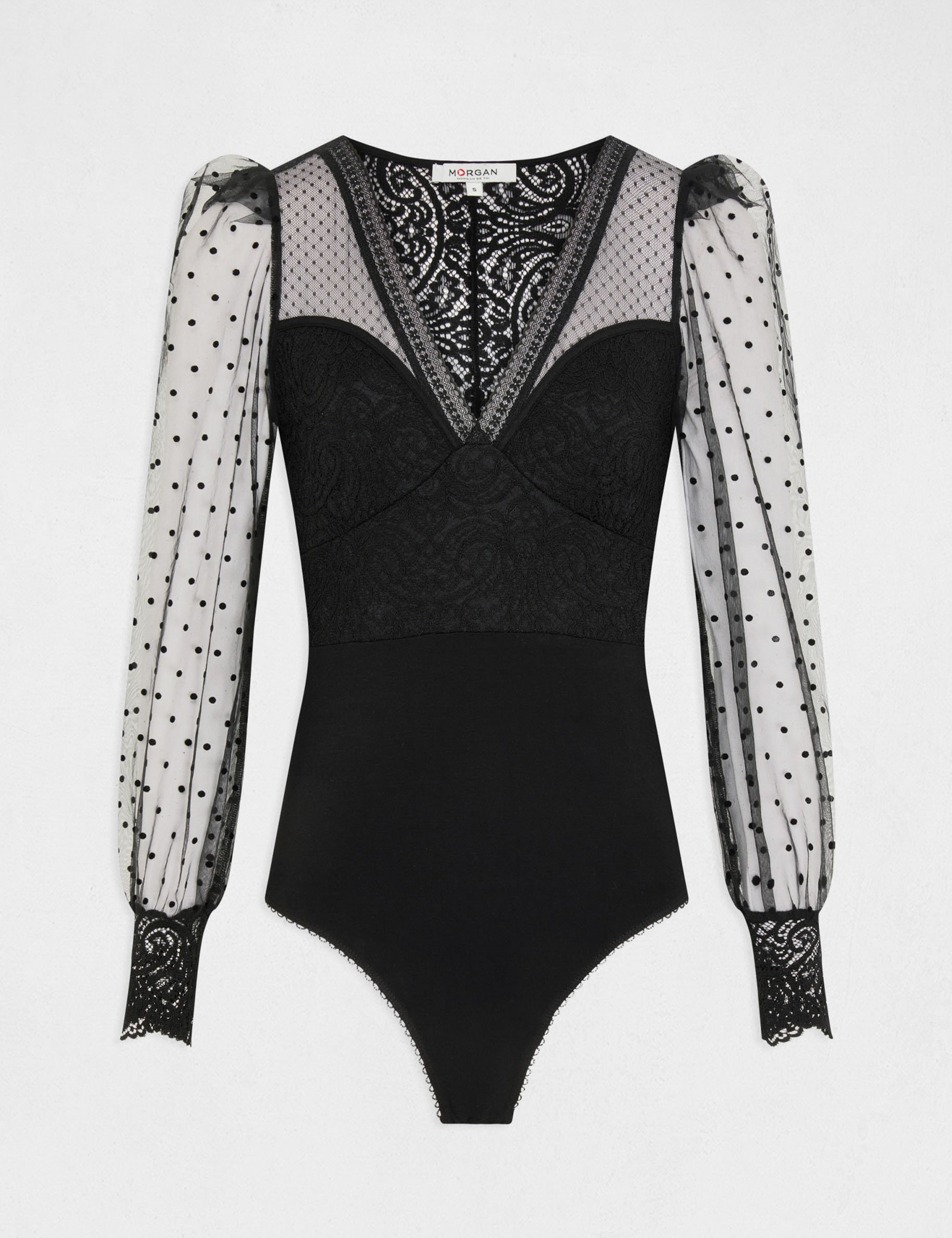 Body met lange mouwen in plumetiskant zwart vrouw