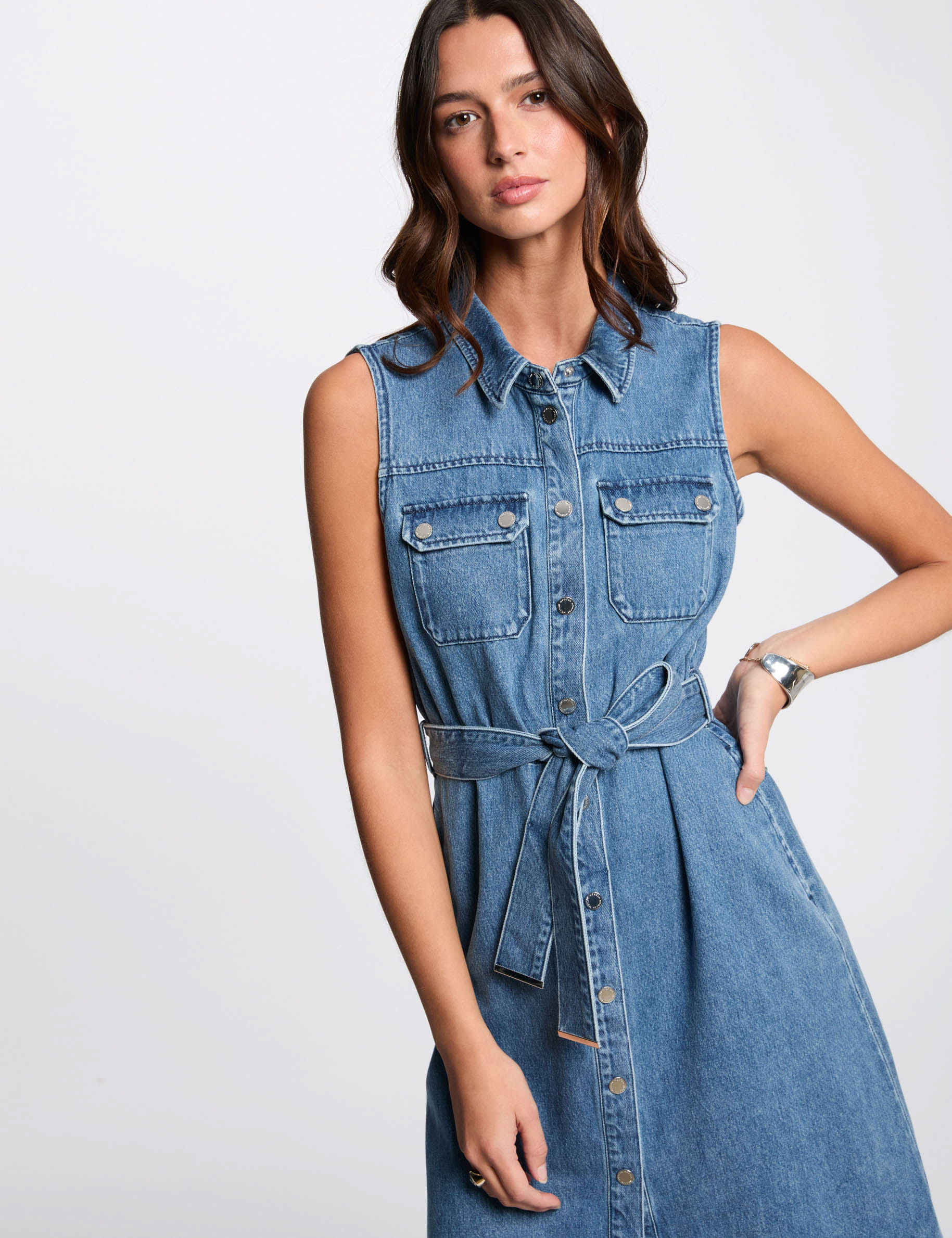 robe midi trapeze en jean denim stone femme Robe midi trapèze en jean denim stone femme