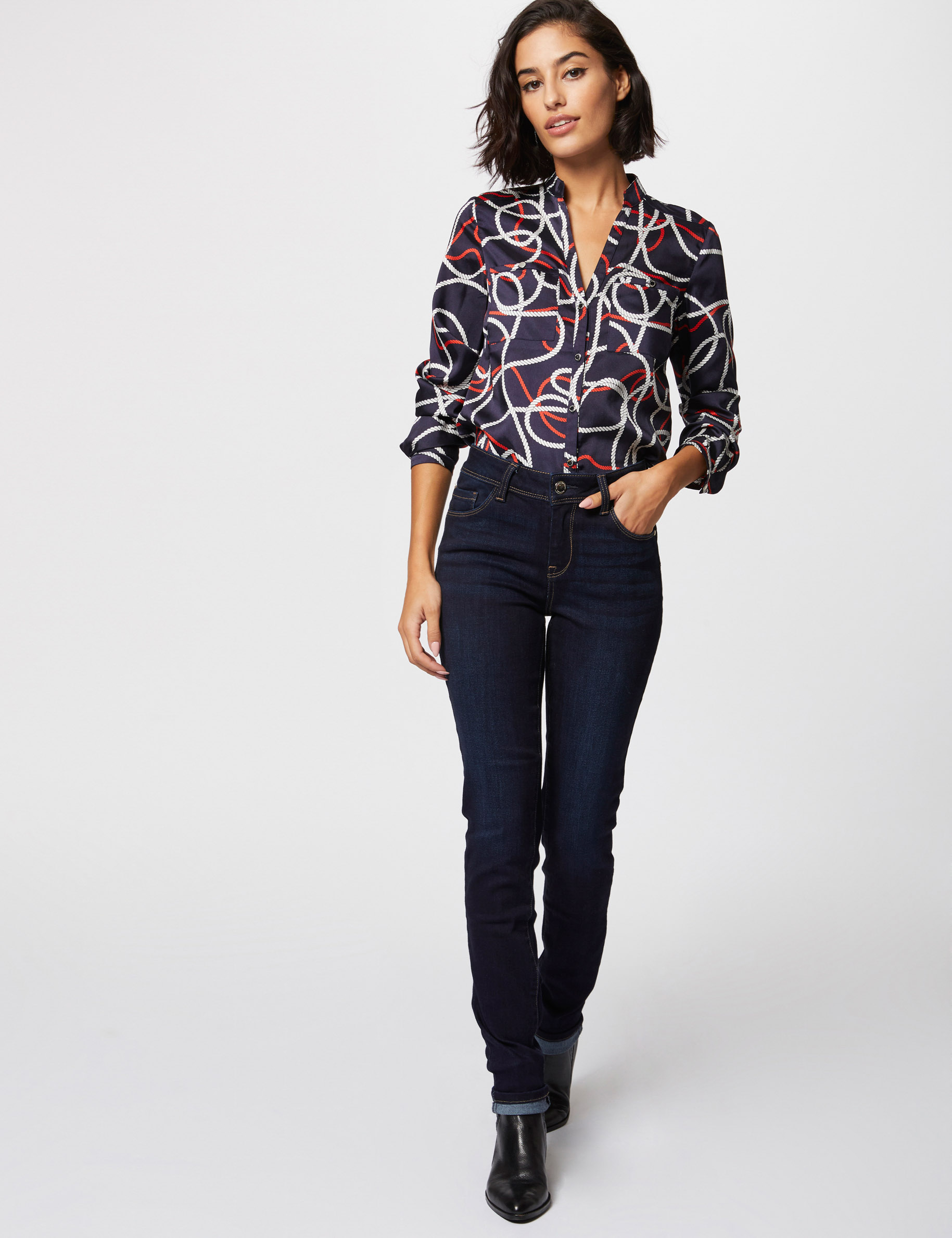 Jeans slim standaard-taille met zakken ruw denim vrouw