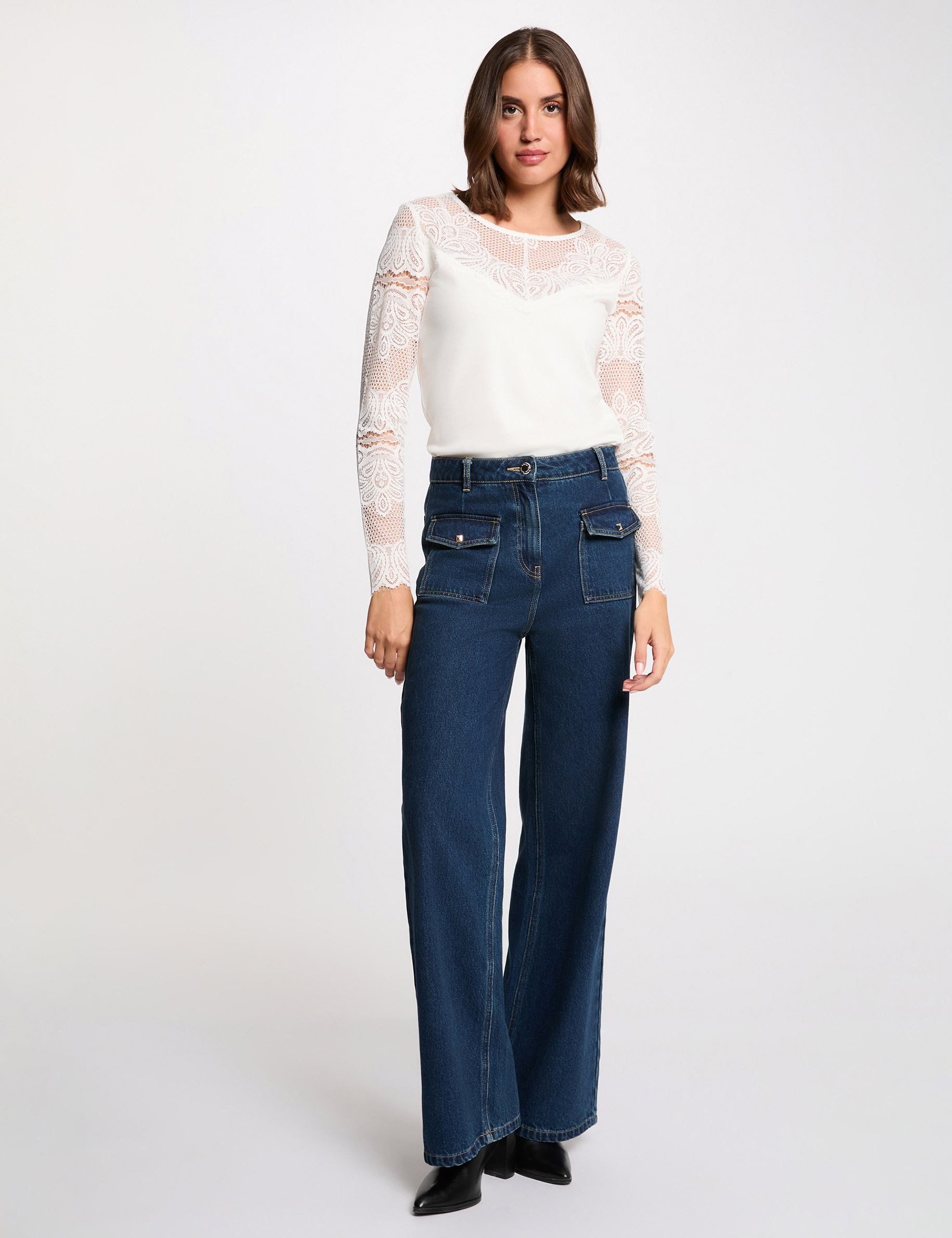 T-shirt met lange mouwen en kant helder wit vrouw