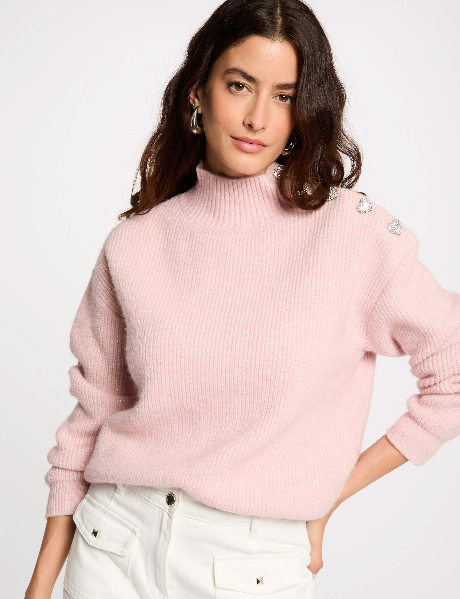 pull manches longues avec boutons rose clair femme Pull manches longues avec boutons rose clair femme