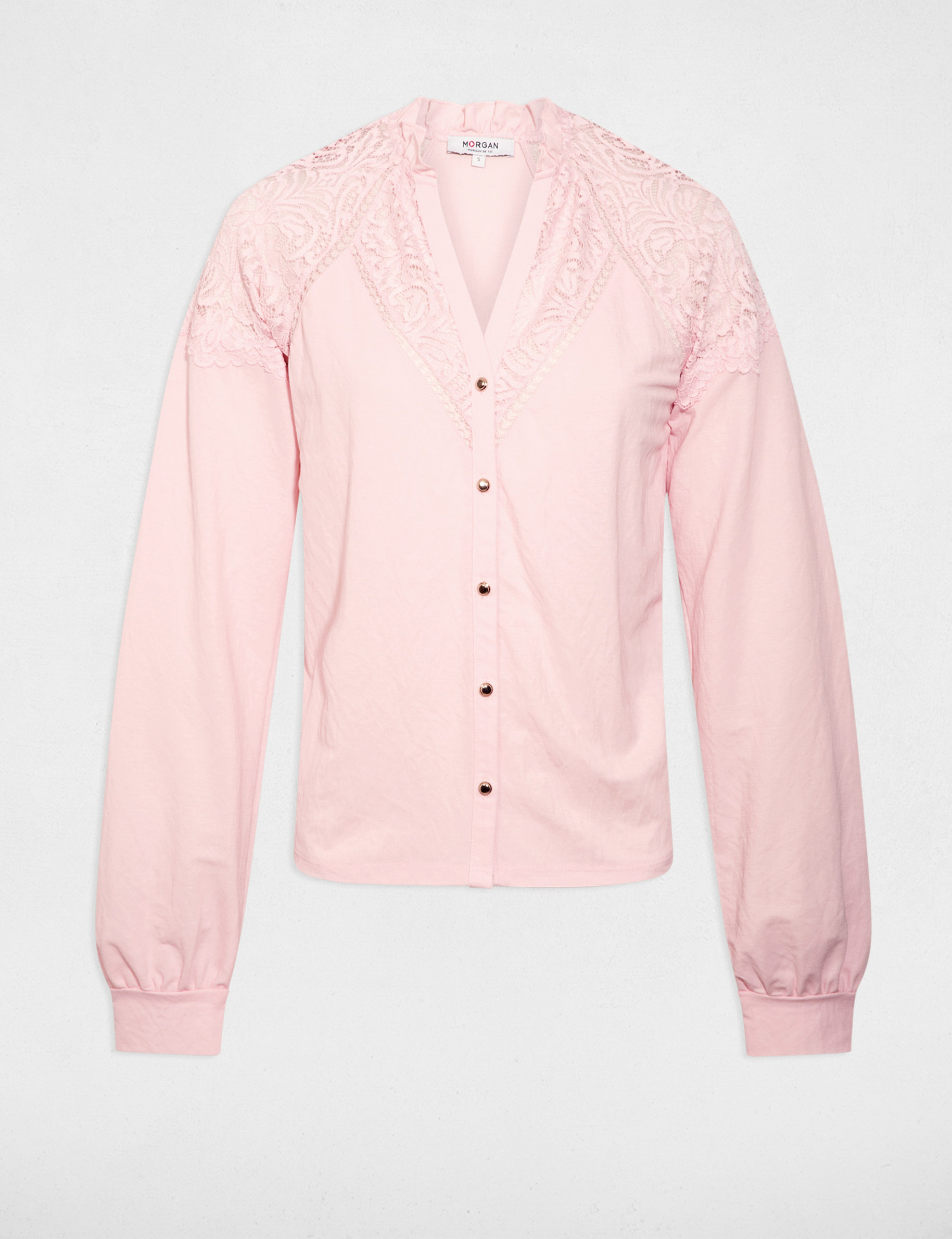 T-shirt dentelle col v rose clair femme