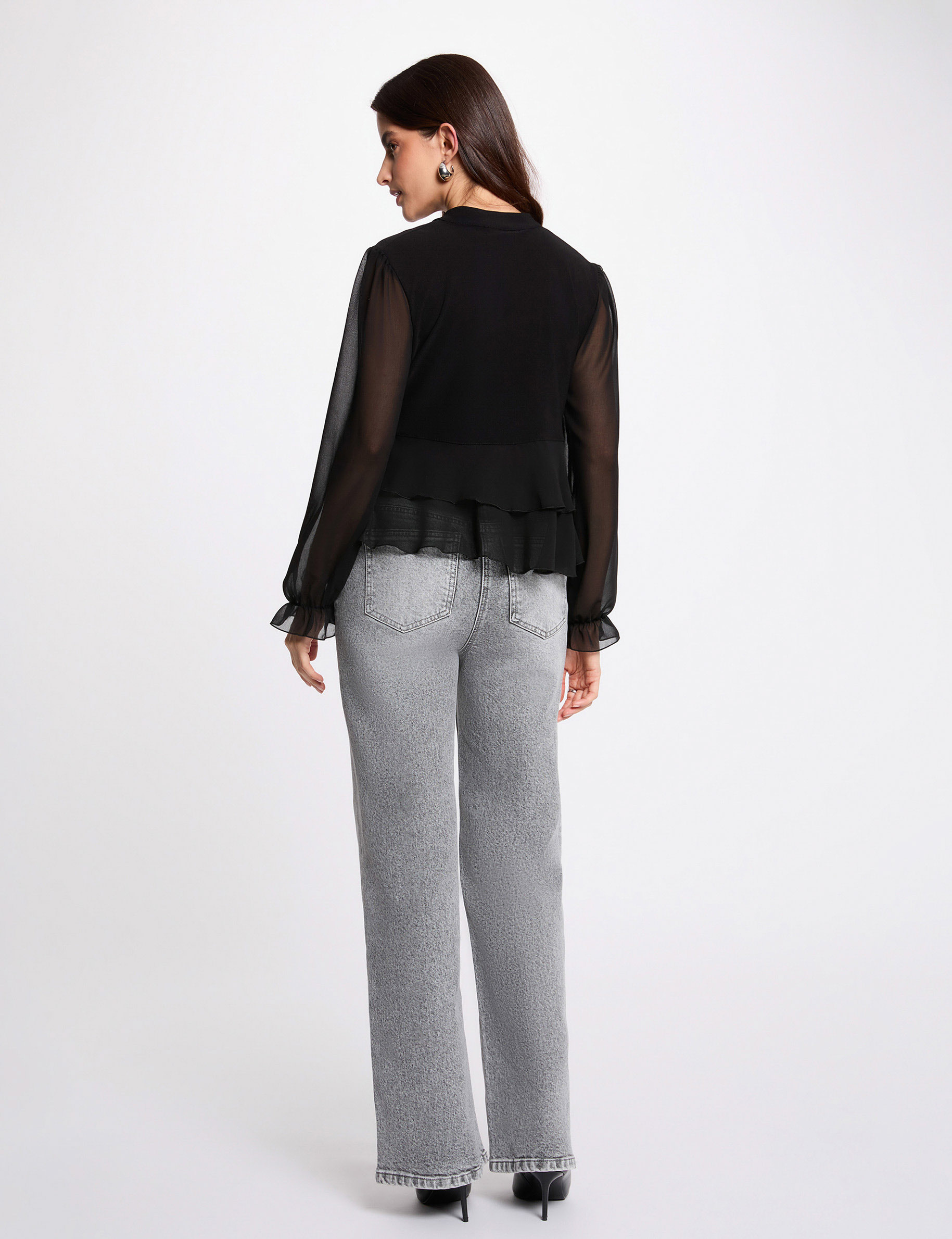 T-shirt col v volants noir femme