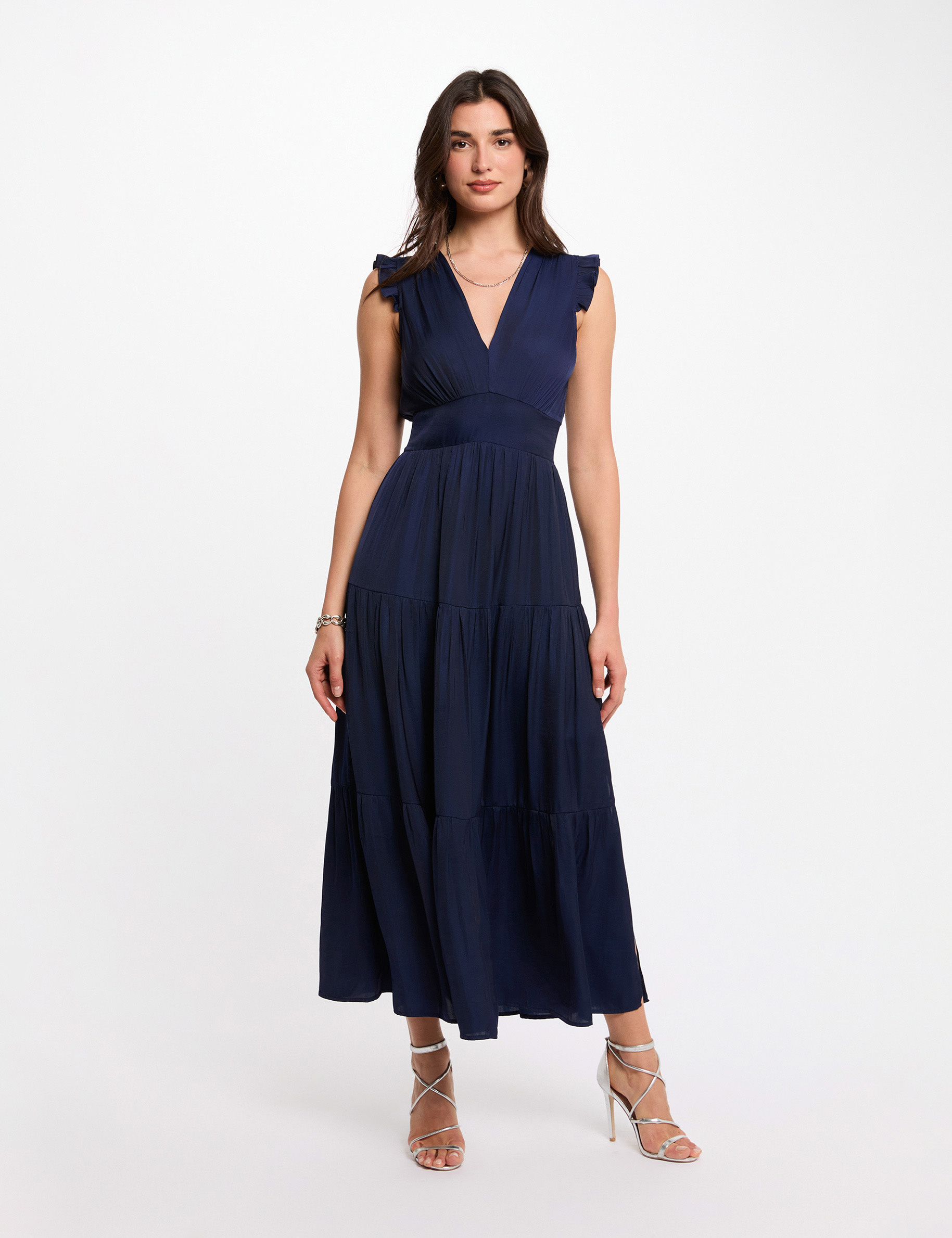 Lange jurk met V-hals marineblauw vrouw