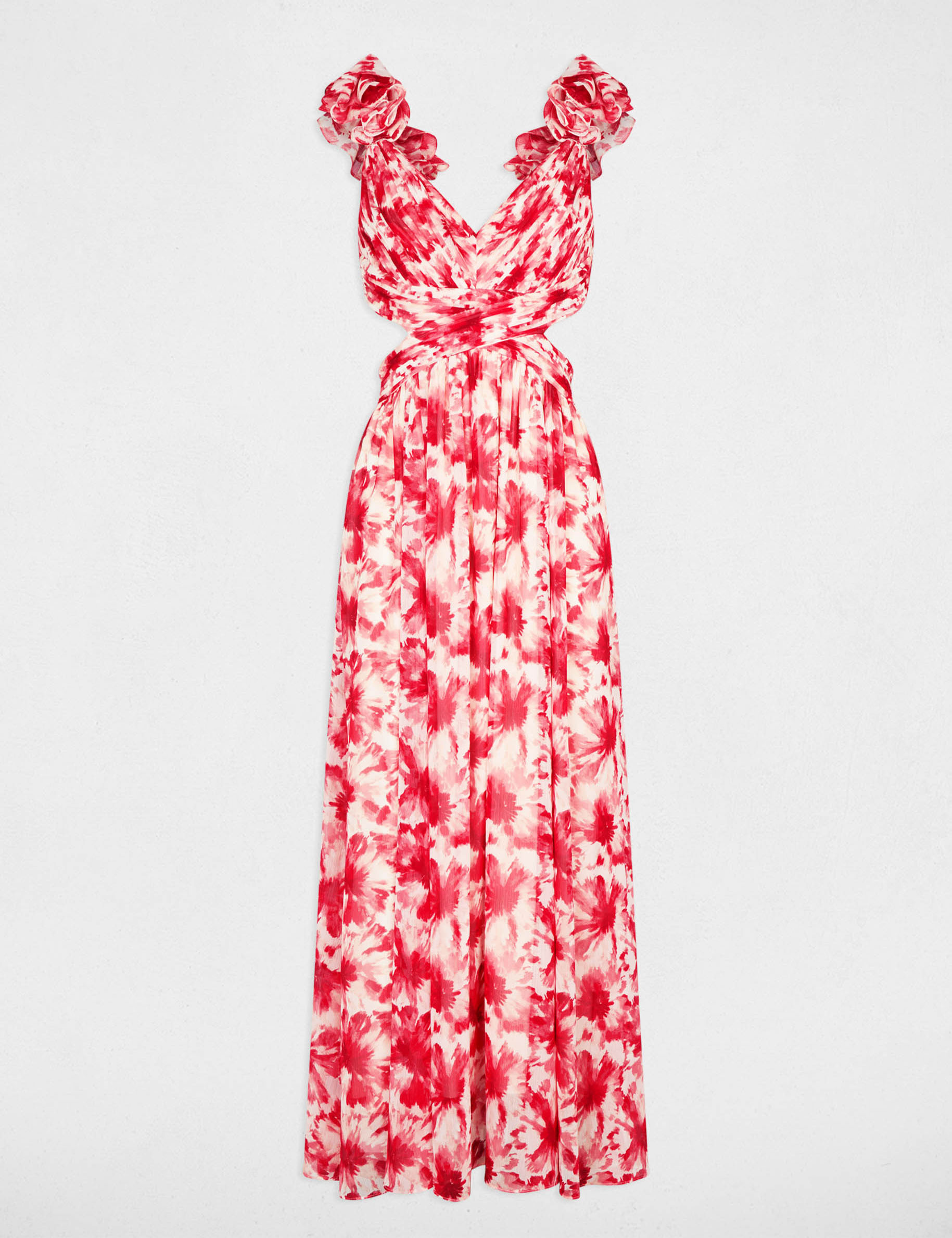 Robe longue florale &eacute;vas&eacute;e rouge femme