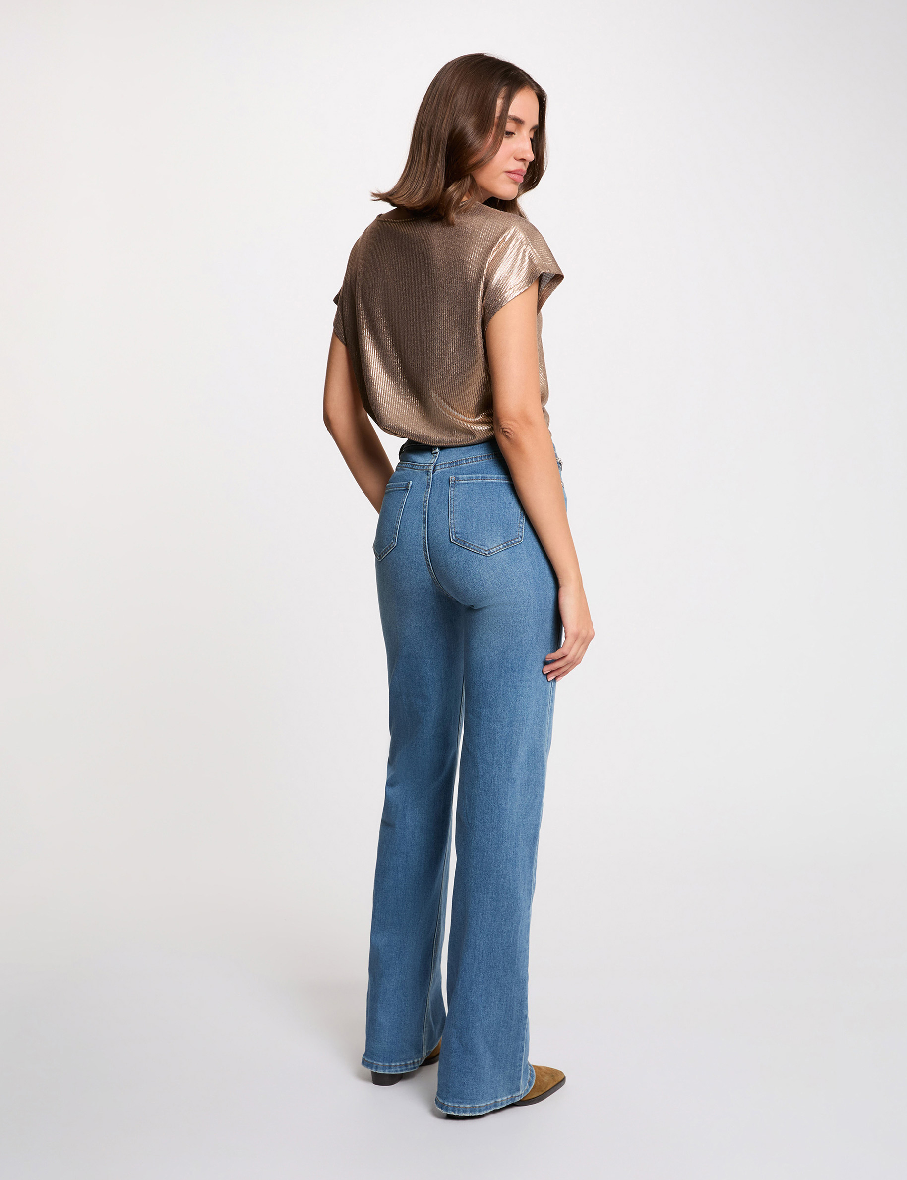 T-shirt col v côtelé couleur bronze femme