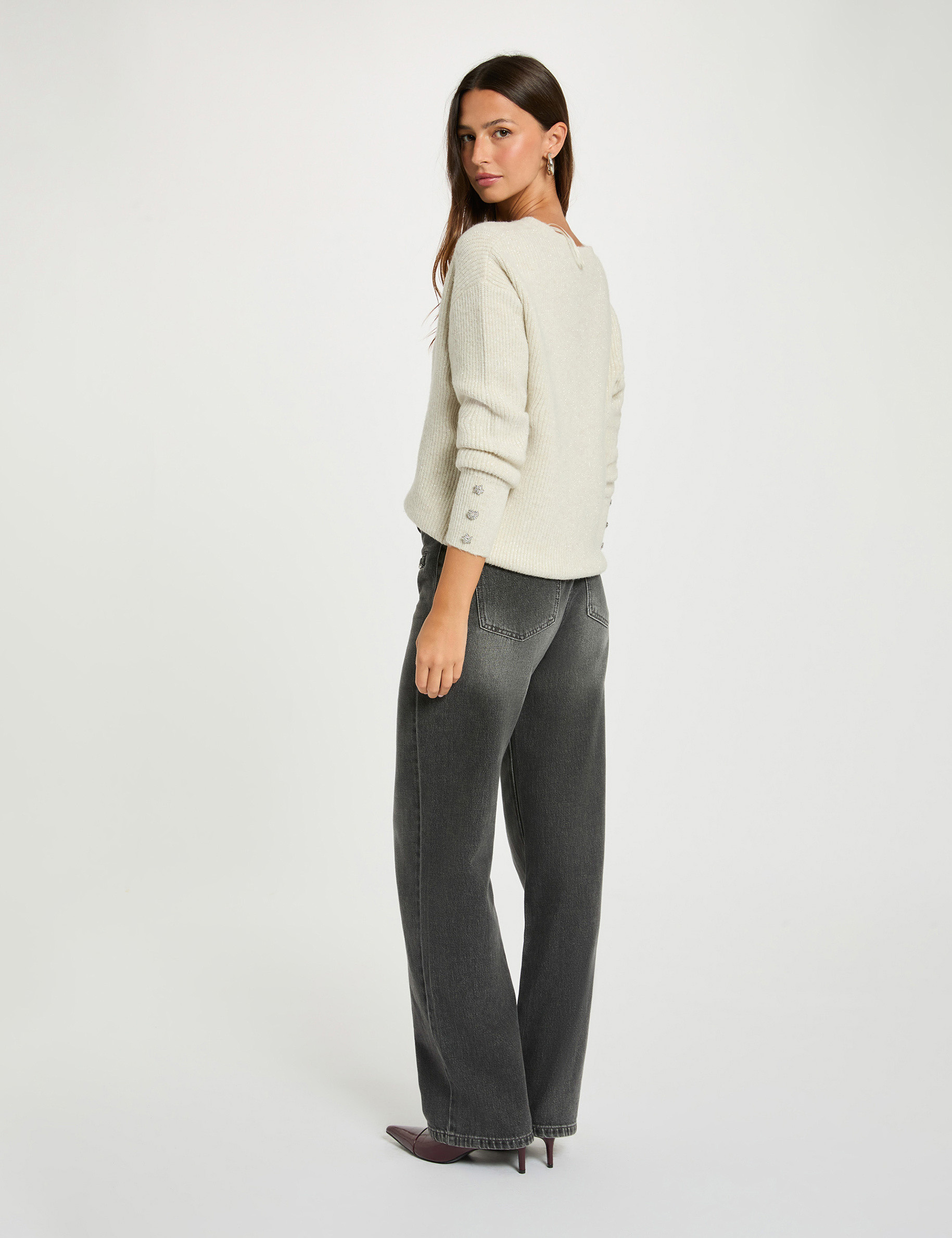 Pull col en V oversize ivoire femme