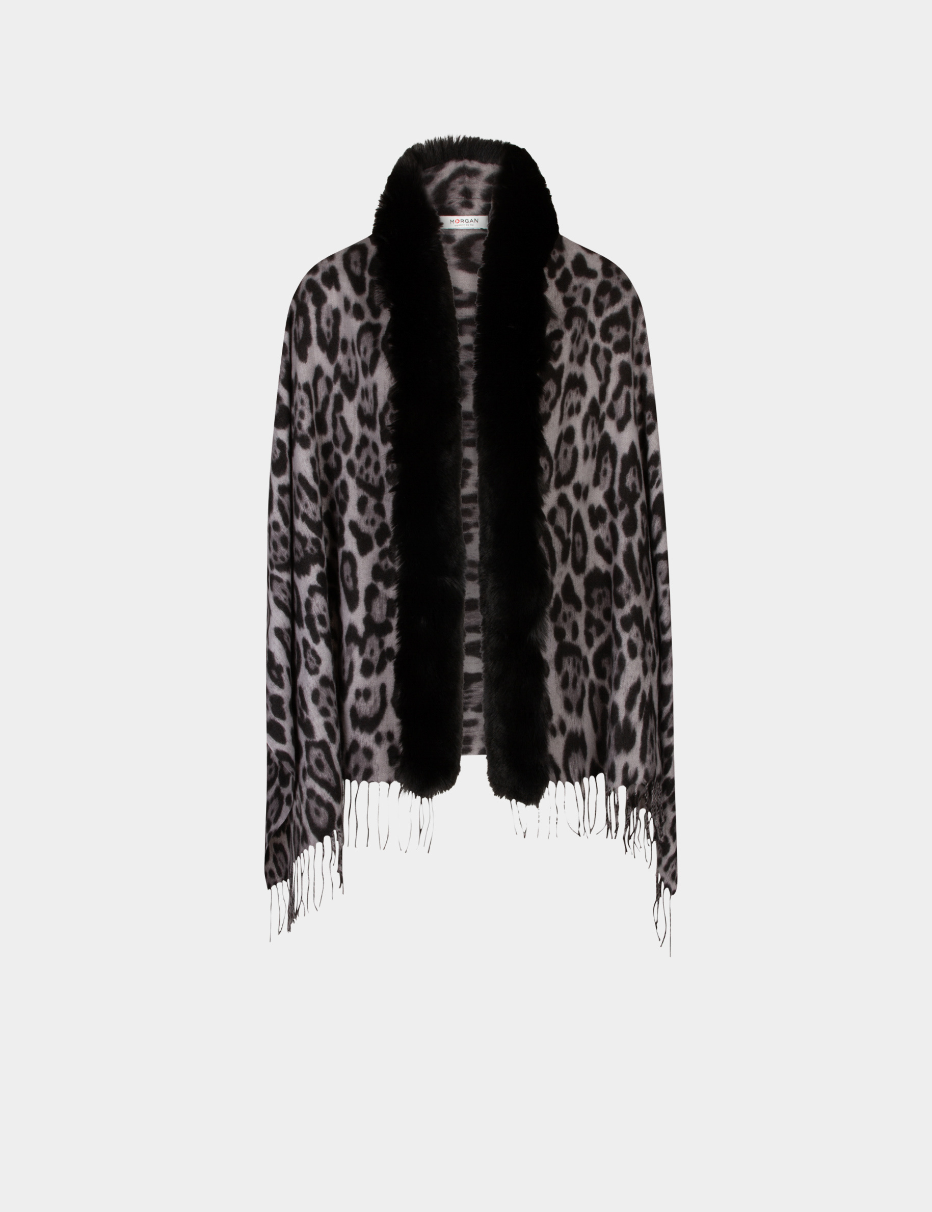 Poncho met franjes en luipaardprint mediumgrijs vrouw