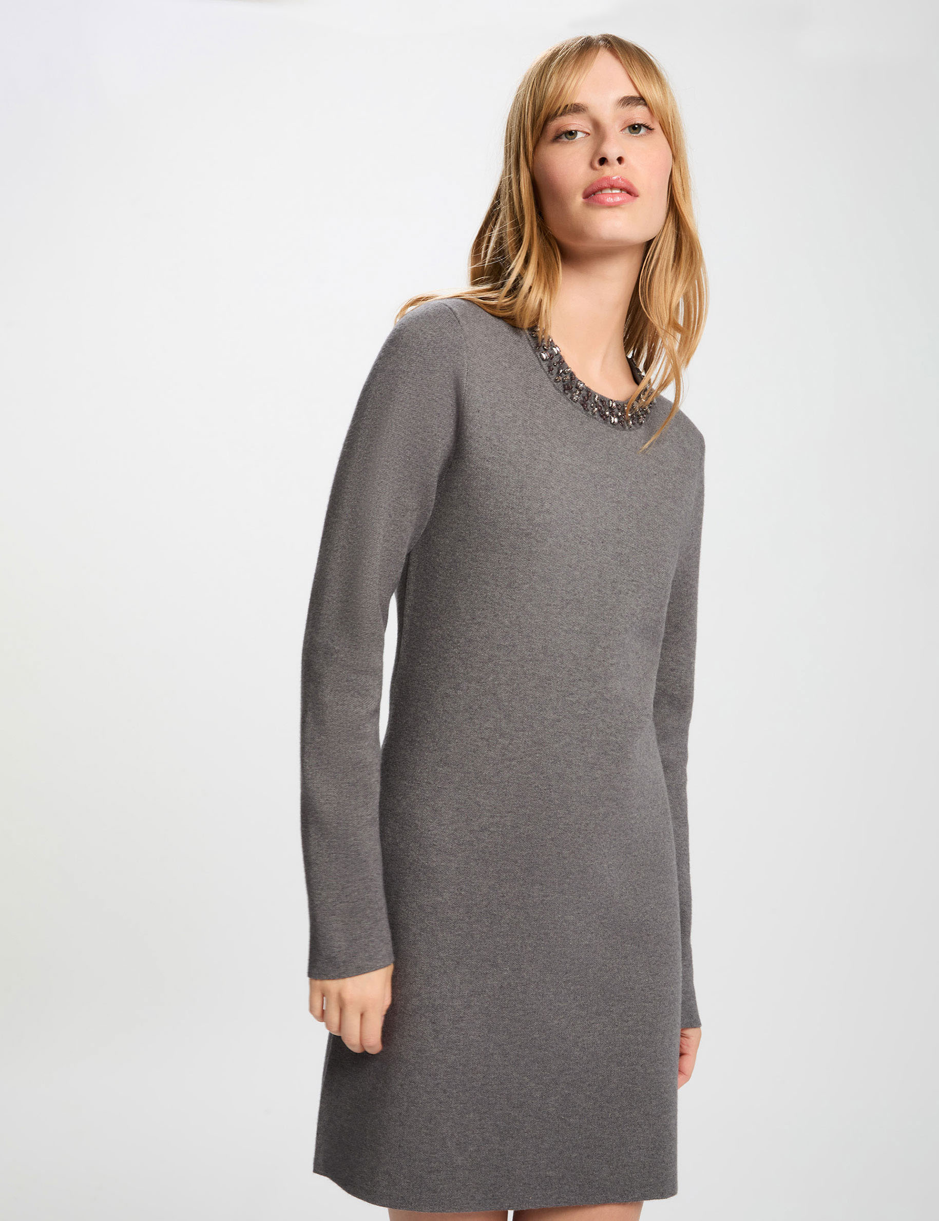 Robe tricot col rond gris fonc&eacute; femme