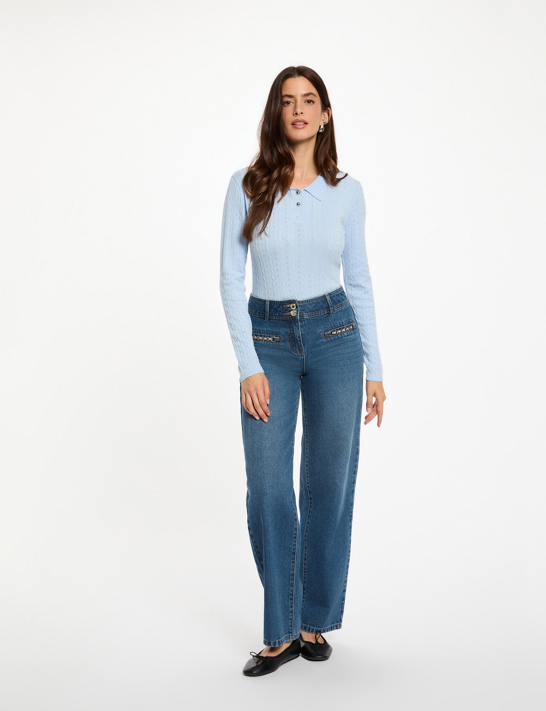 pull ajuste col polo bleu ciel femme Pull ajusté col polo bleu ciel femme