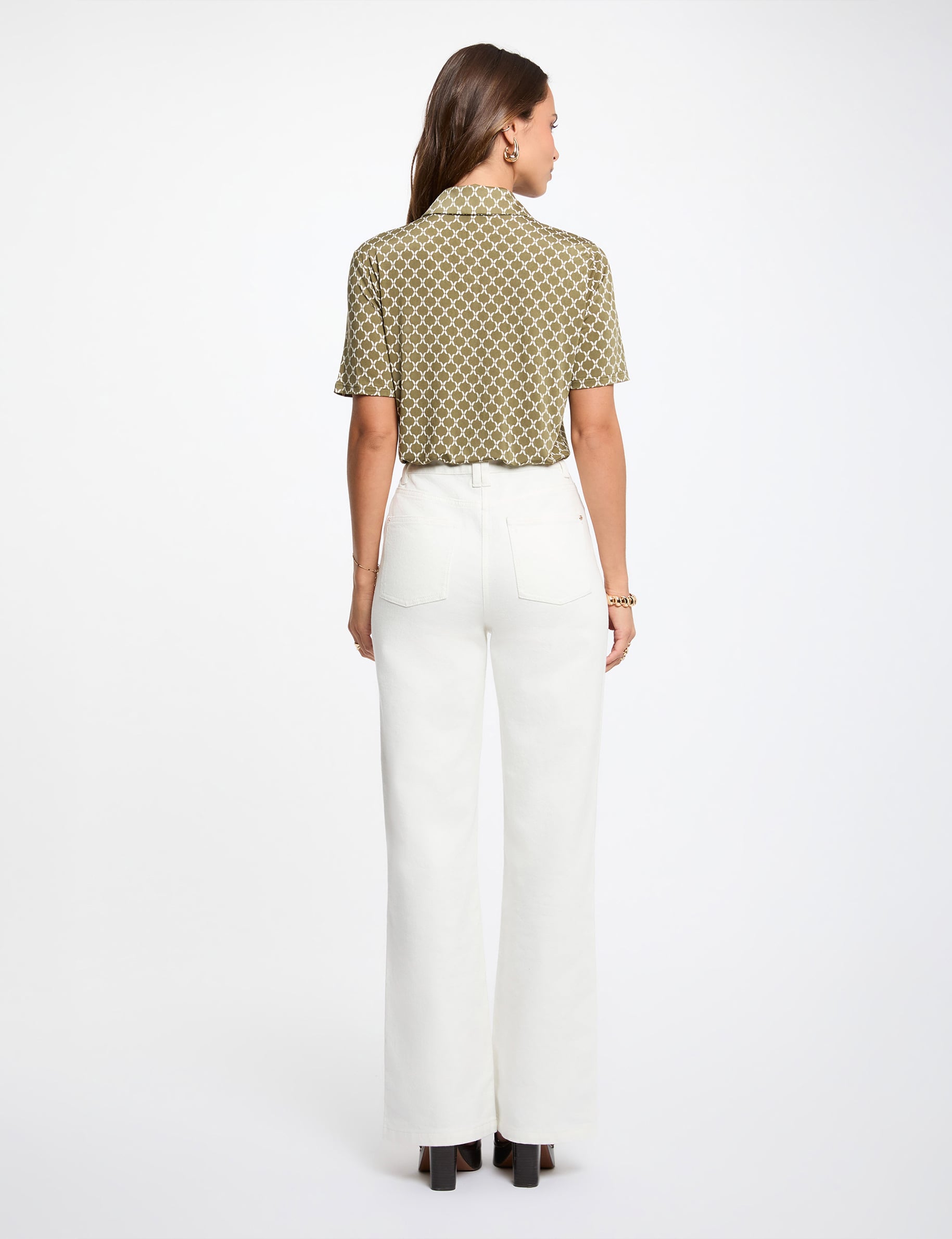Chemise imprim&eacute;e col &agrave; revers vert kaki femme