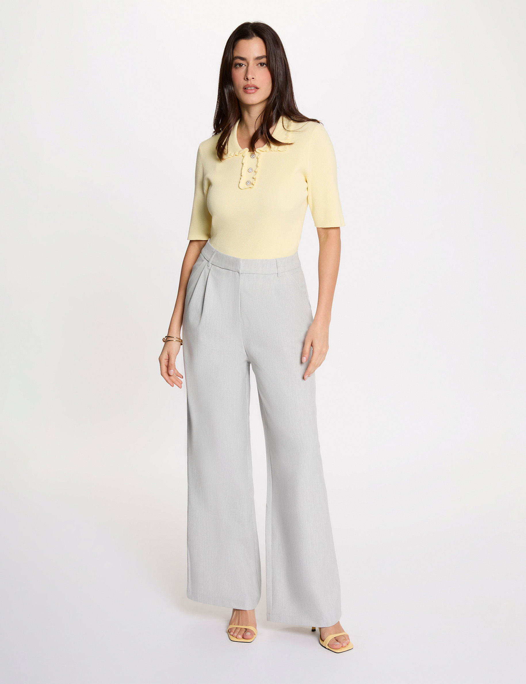 Pantalon large taille haute gris clair femme