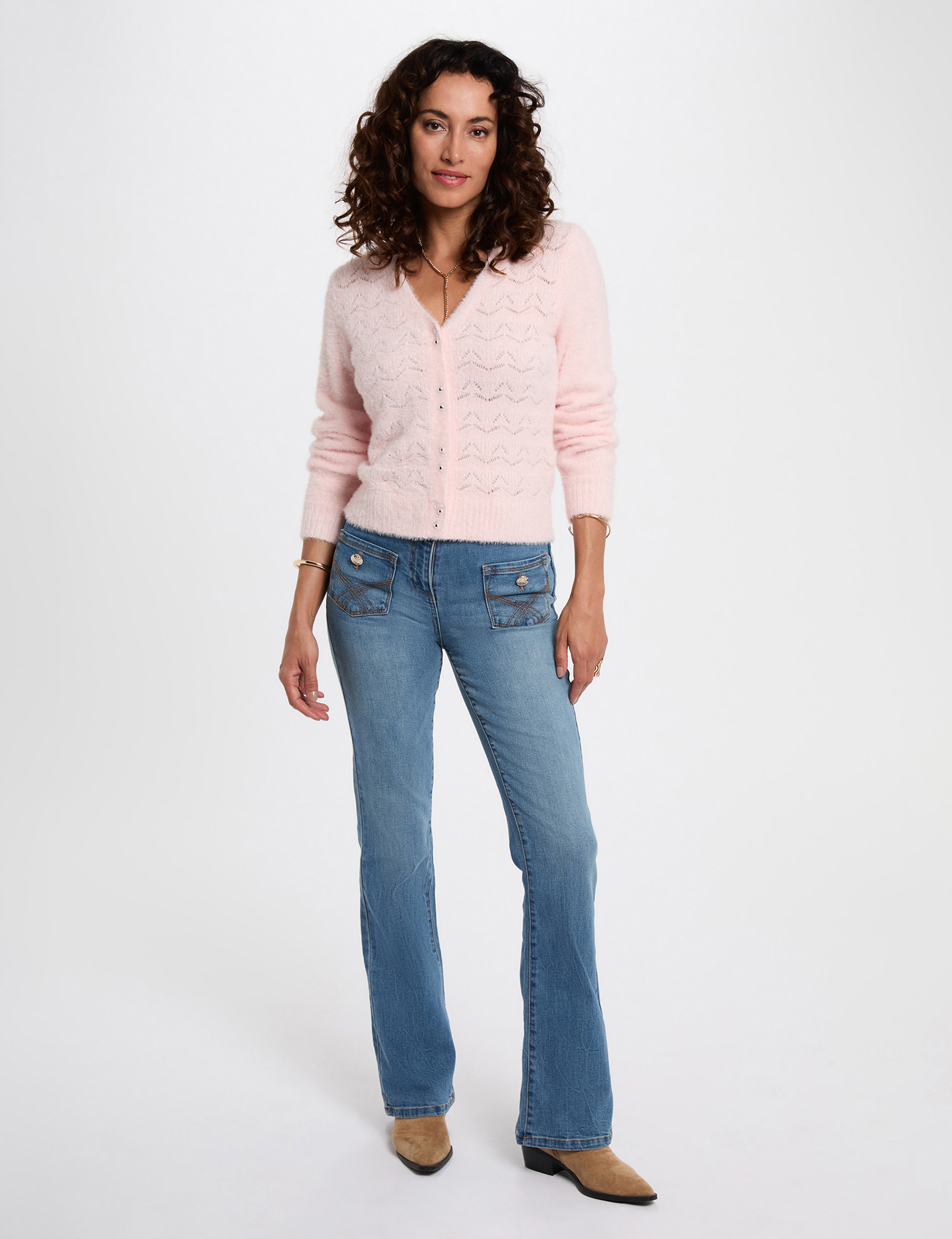 Gilet col v textur&eacute; rose clair femme