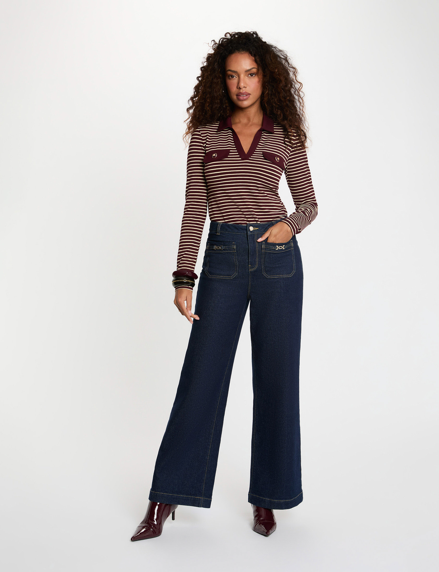 Gestreept poloshirt met lange mouwen bordeaux vrouw