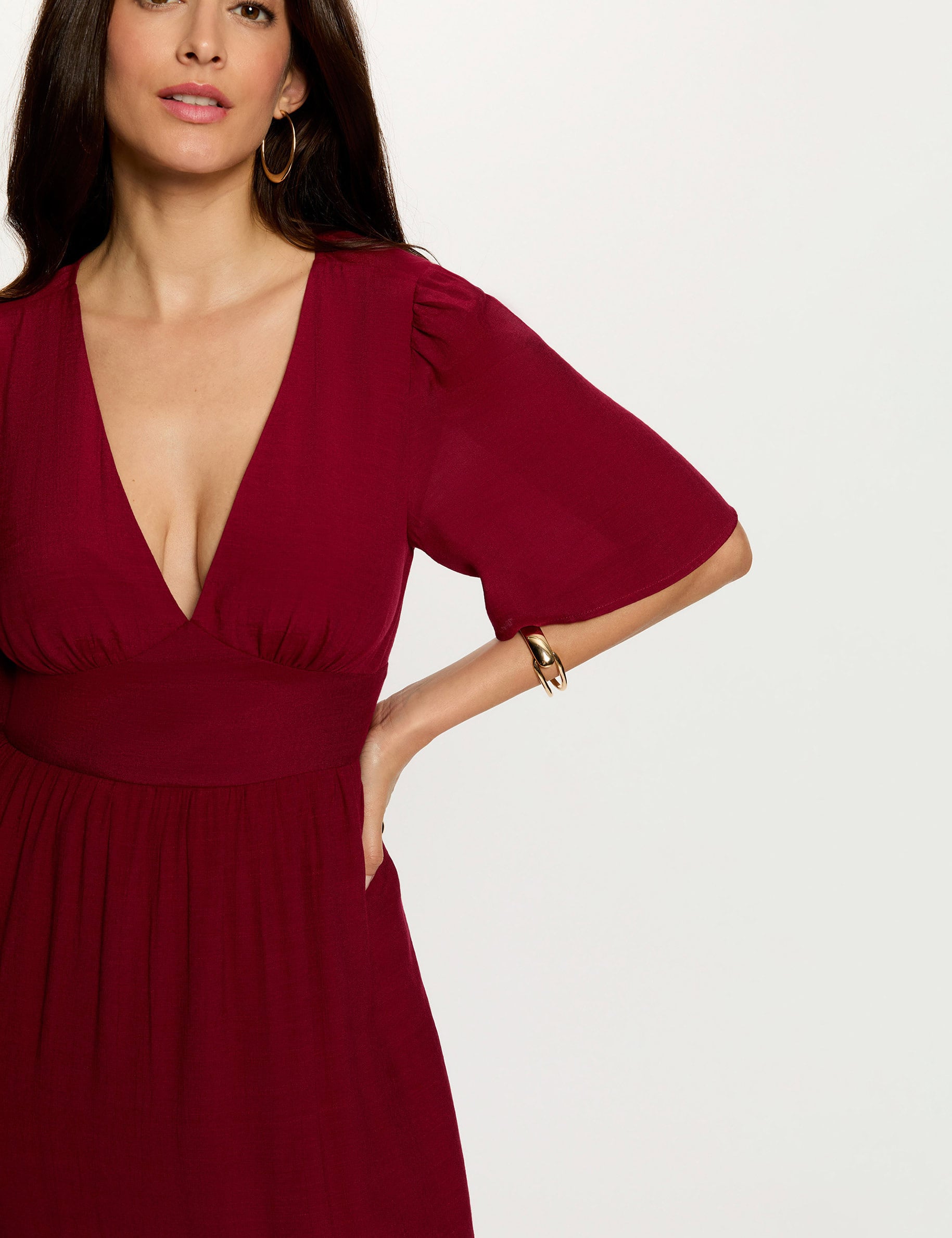 Robe longue col v bordeaux femme