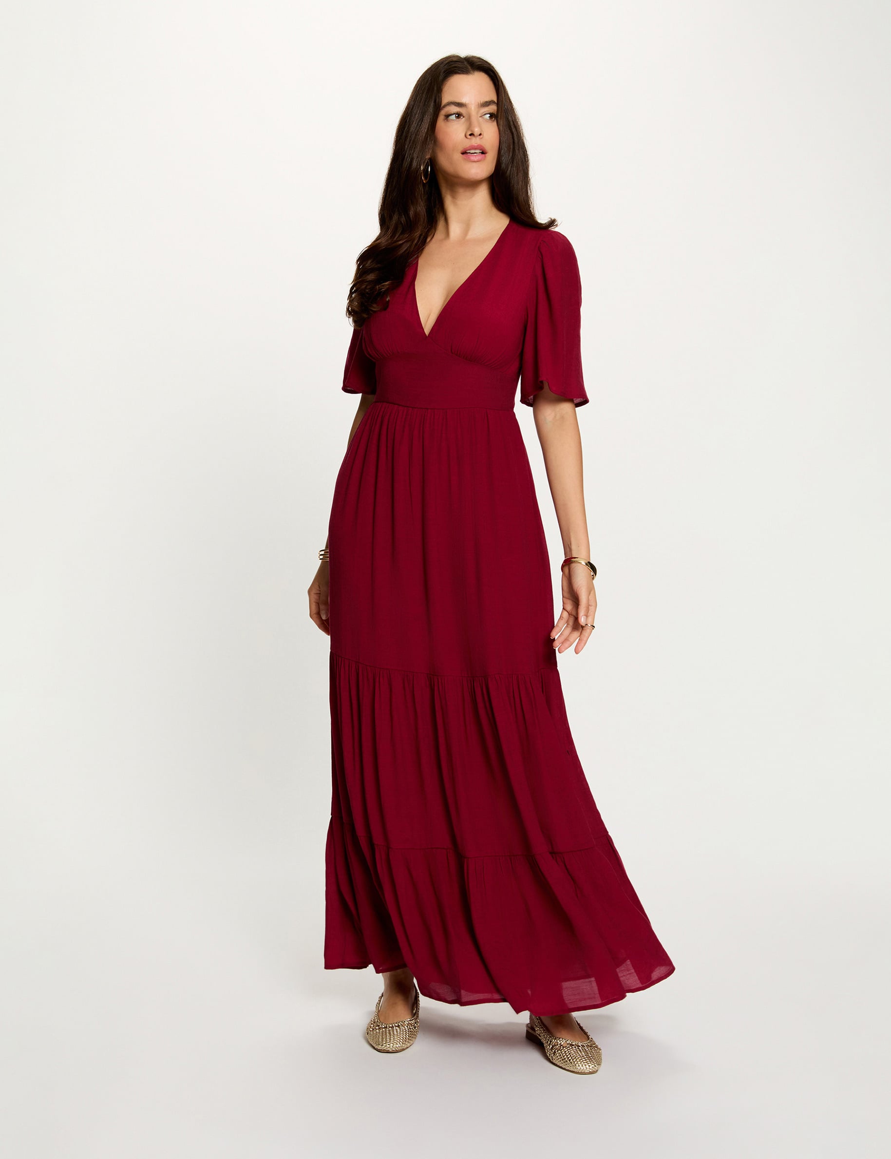 Robe longue col v bordeaux femme