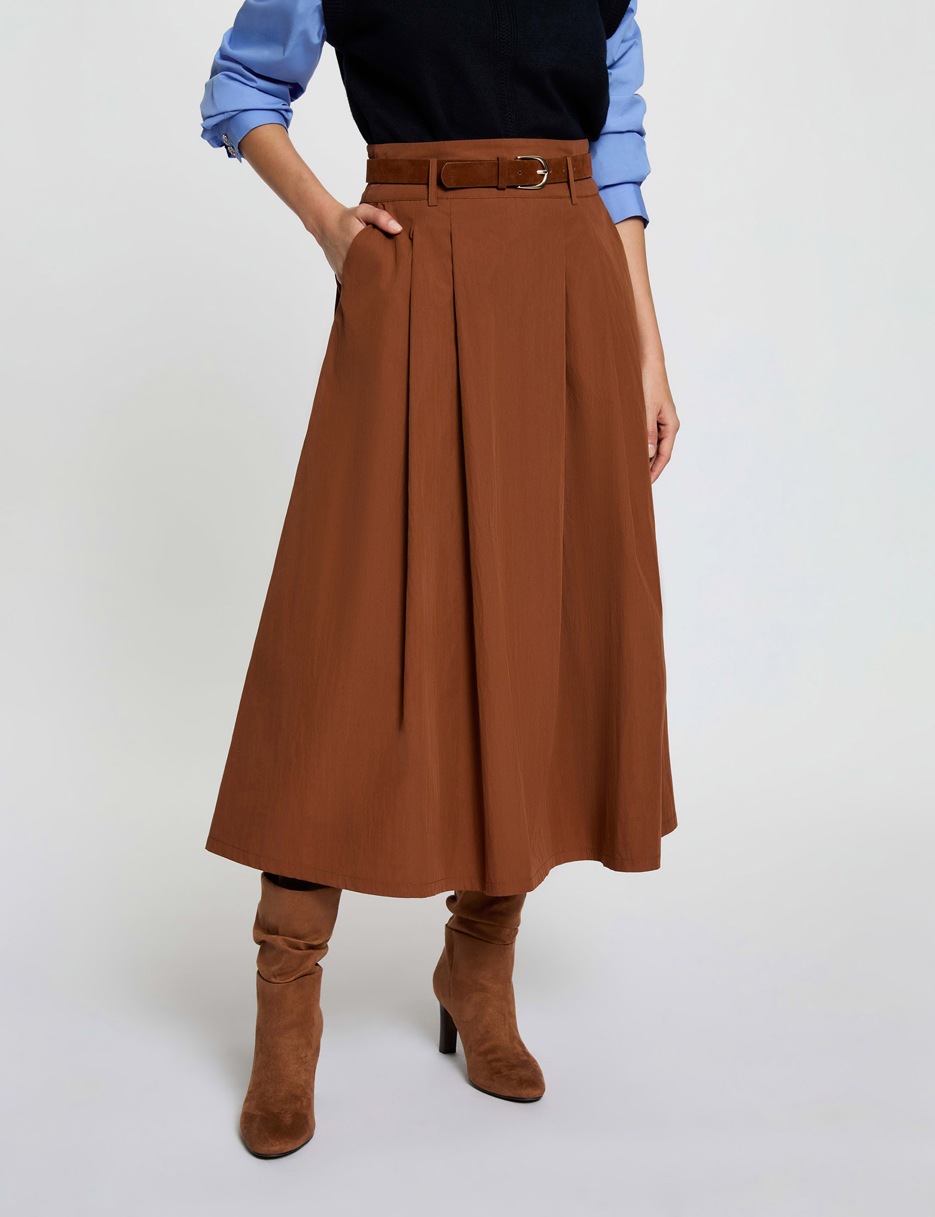 Jupe longue pliss&eacute;e marron cognac femme