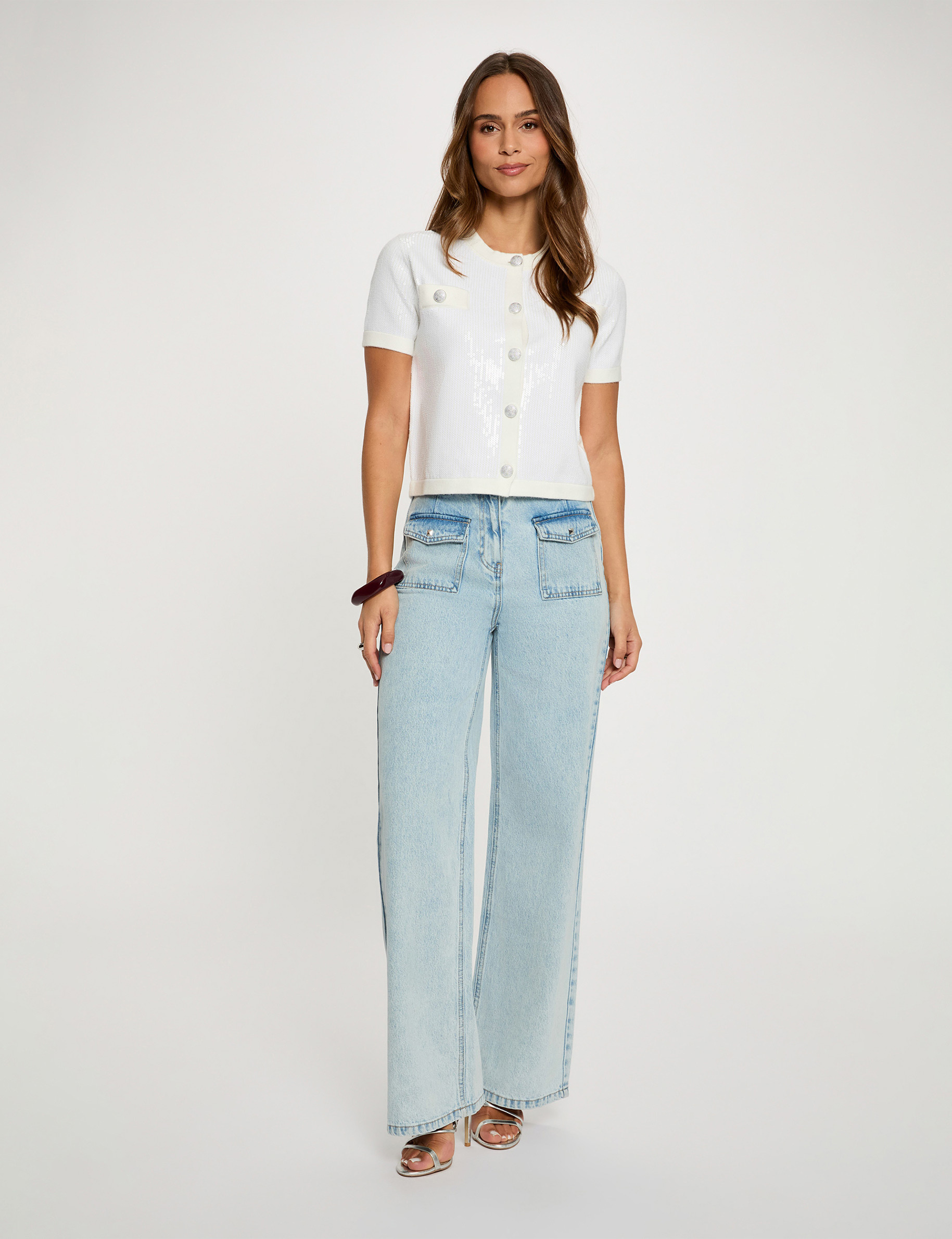 Vest met ronde hals en pailletten helder wit vrouw