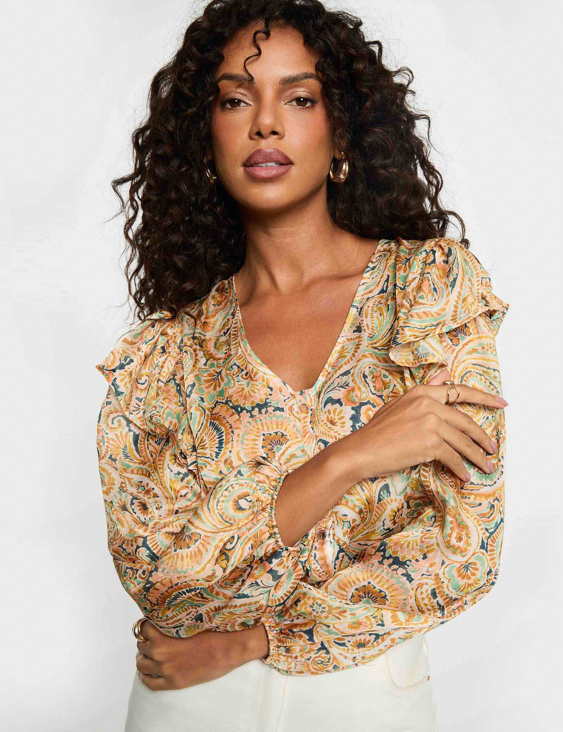 Chemise ajust&eacute;e col v multicolore femme